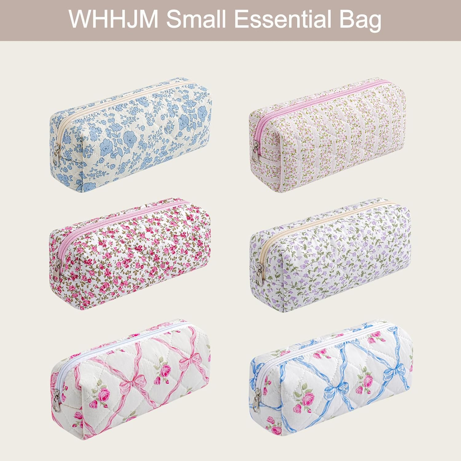 WHHJM Cute Floral Makeup Brush Bag Small Cotton Quilted Cosmetic Bag for Women Travel Toiletry Zipper Make up Pouch, Blue Floral - Blue Bowknot Rose image number 6