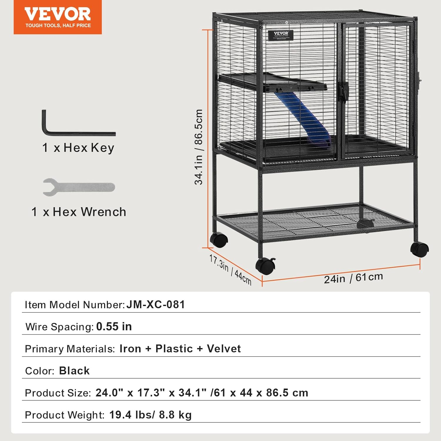 VEVOR 34" Rolling Metal Ferret Cage, Large 2-Tier Critter Nation Cage, Small Animal Cage with Ramps & Tray, Easy to Set up for Pet Rats, Hamster, Guinea Pig, Chinchilla, Squirrel, Hedgehogs, Bunny image number 1
