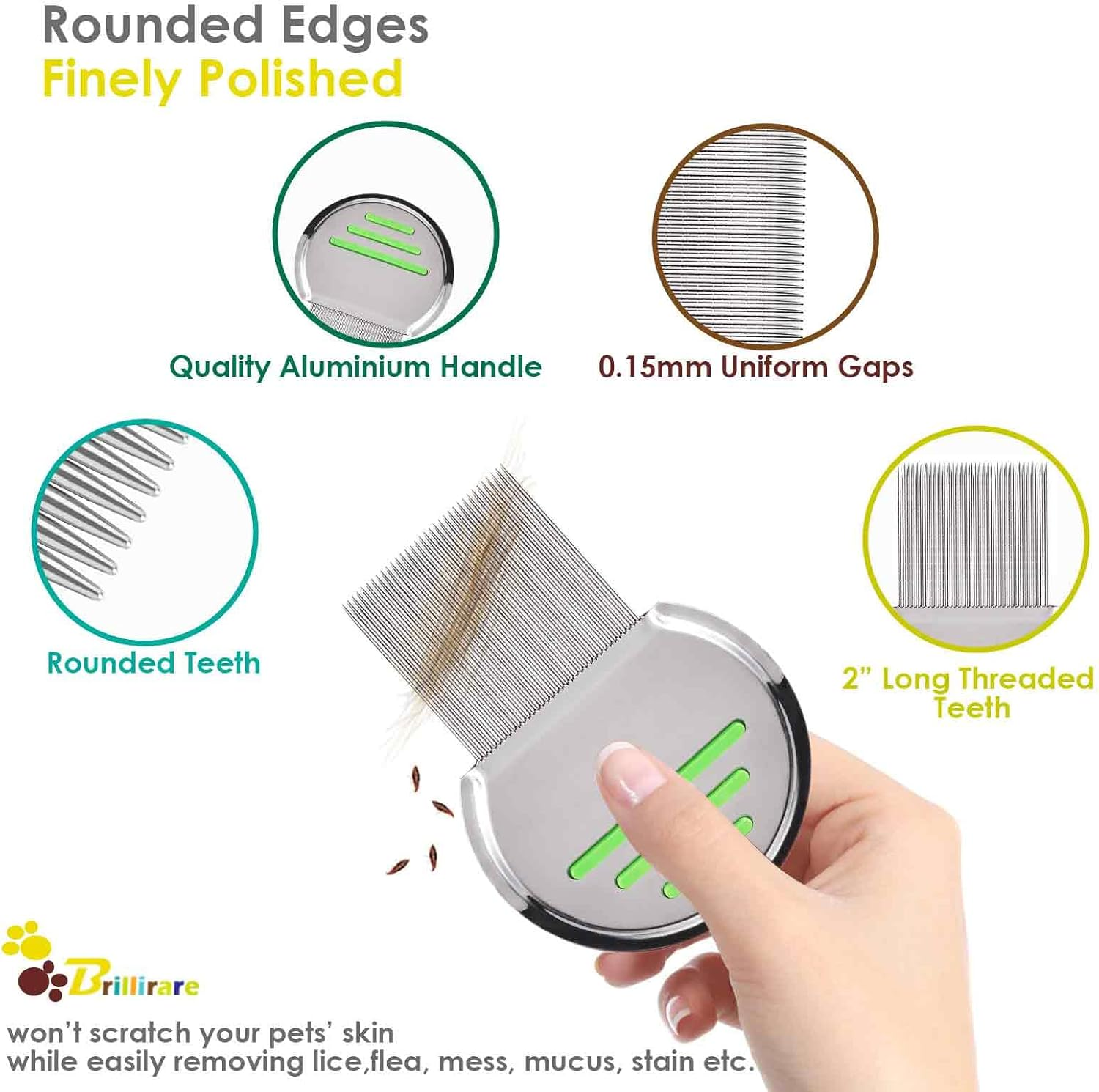 Brillirare 2 Pack Flea Lice Comb, Stainless Steel Dog Cat Grooming Combs with Rounded Teeth, Long-Tooth Professional Pet Tear Stain Remover, Dematting Tool for Small, Medium & Large Pets image number 3