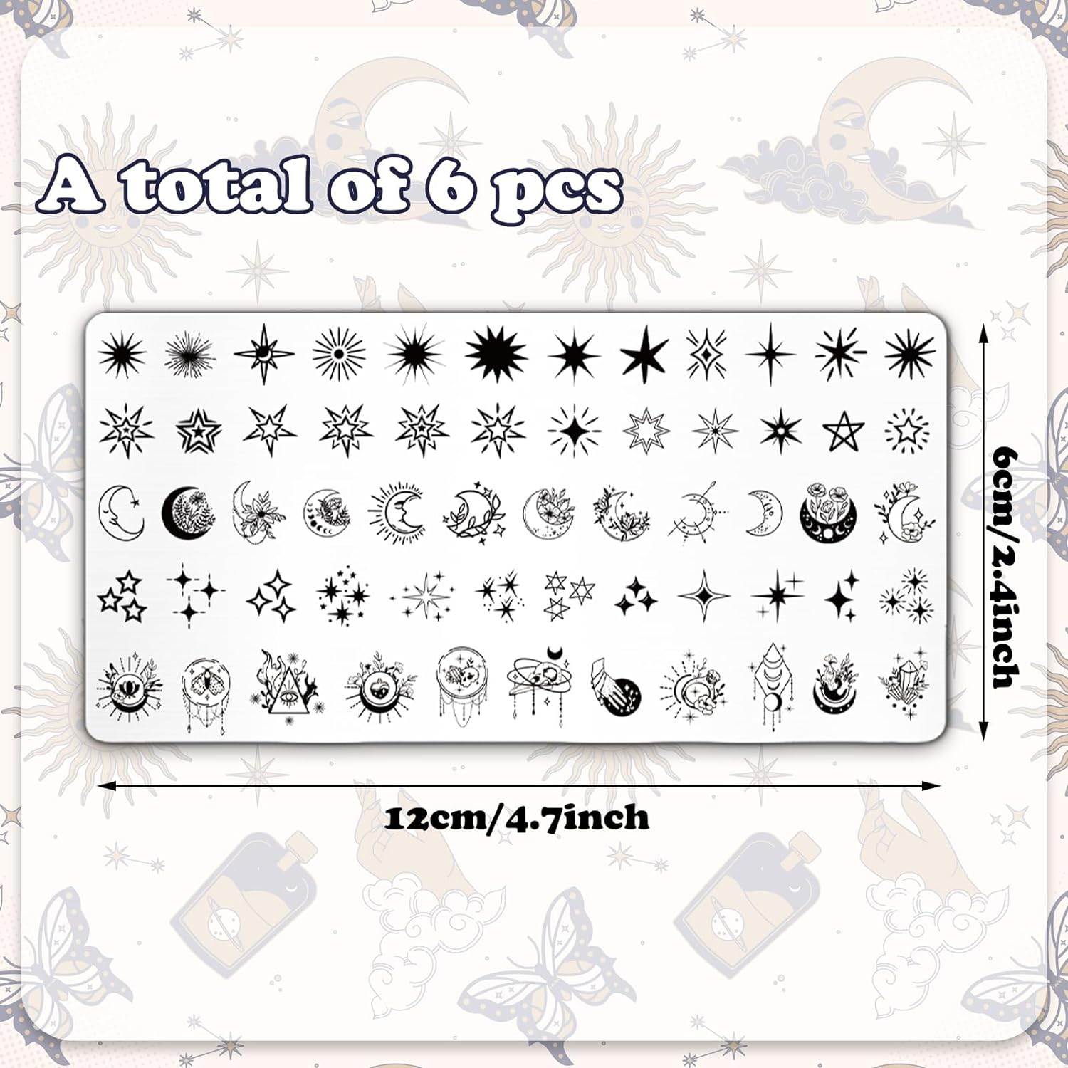 Whaline 6Pcs Sun Moon Star Nail Plates Stamping Set Groovy Stamp Templates Nail Art Plates for DIY Print Manicure Salon Design Gift Supplies image number 4