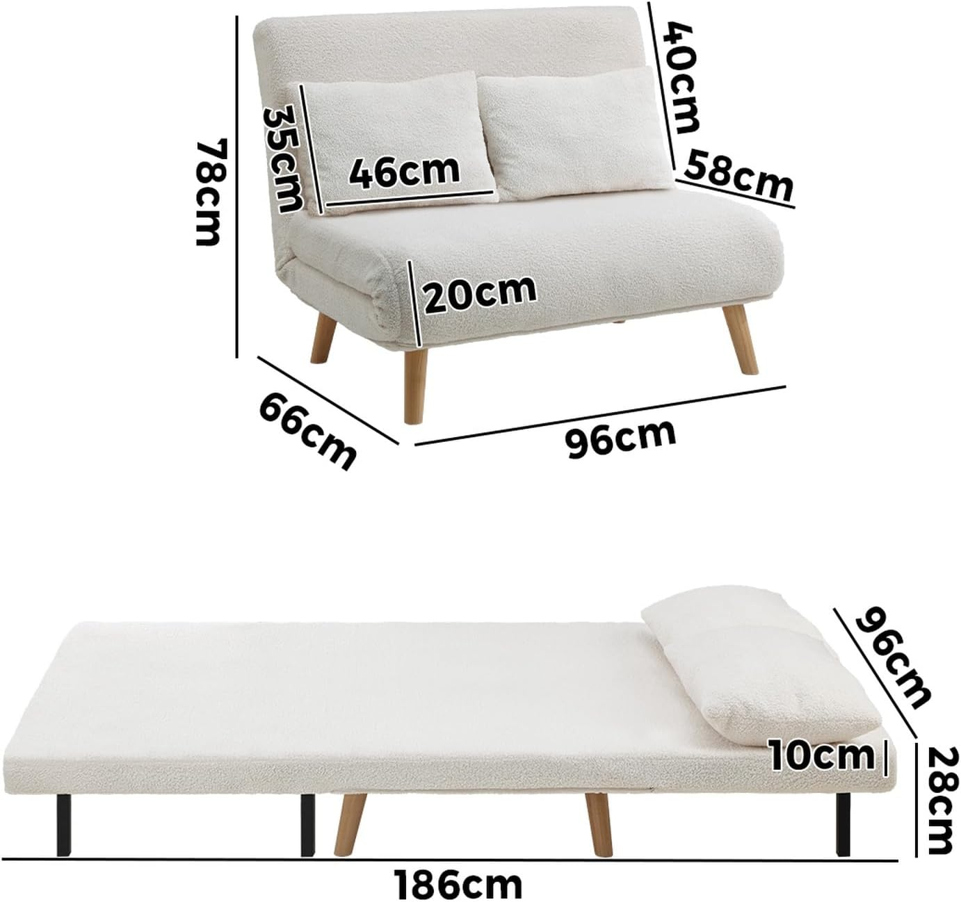 OIKITURE 2-Seater Lounge Chair Sofa, Double Folding Sofa Chair with Thick Padding, Multi-Functional Furniture Sofa Chair Flat Bed for Livingroom Apartment Office Study, White image number 3