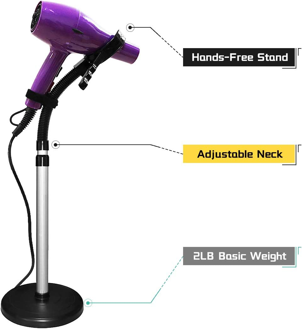 LUEXBOX 360 Degree Rotating Hair Dryer Stand with Heavy Base - Hands-Free Holder, Adjustable Height, Countertop - Black image number 2