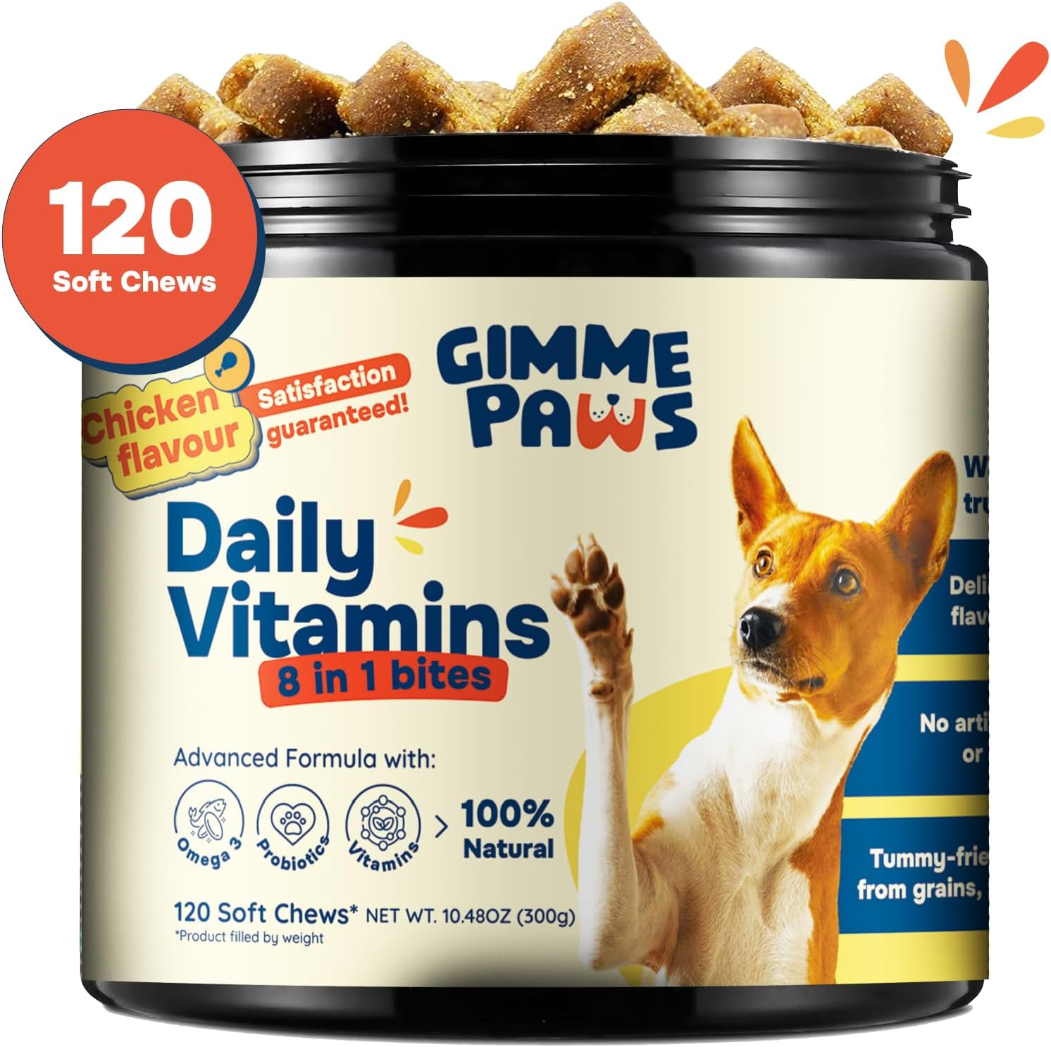 Daily Dog Multivitamin Supplement &ndash; 8-In-1 Soft Chews with Glucosamine, Omega 3 & Probiotics for Hip, Joint, Skin, Coat, Gut & Immune Health &ndash; Chicken Flavor &ndash; 120 Chews