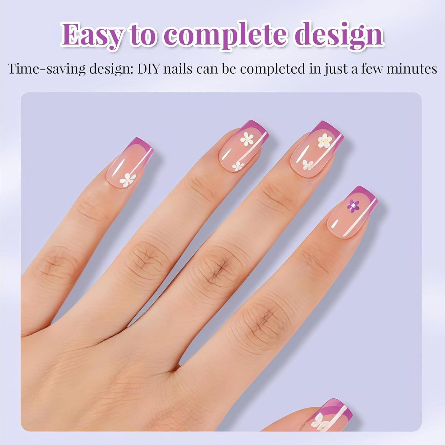 160Pcs Purple French Tip Press on Nails, Short Square PMMA Acrylic Fake Nails Set for Women, Girls Daily Wear & Parties (15 Sizes)