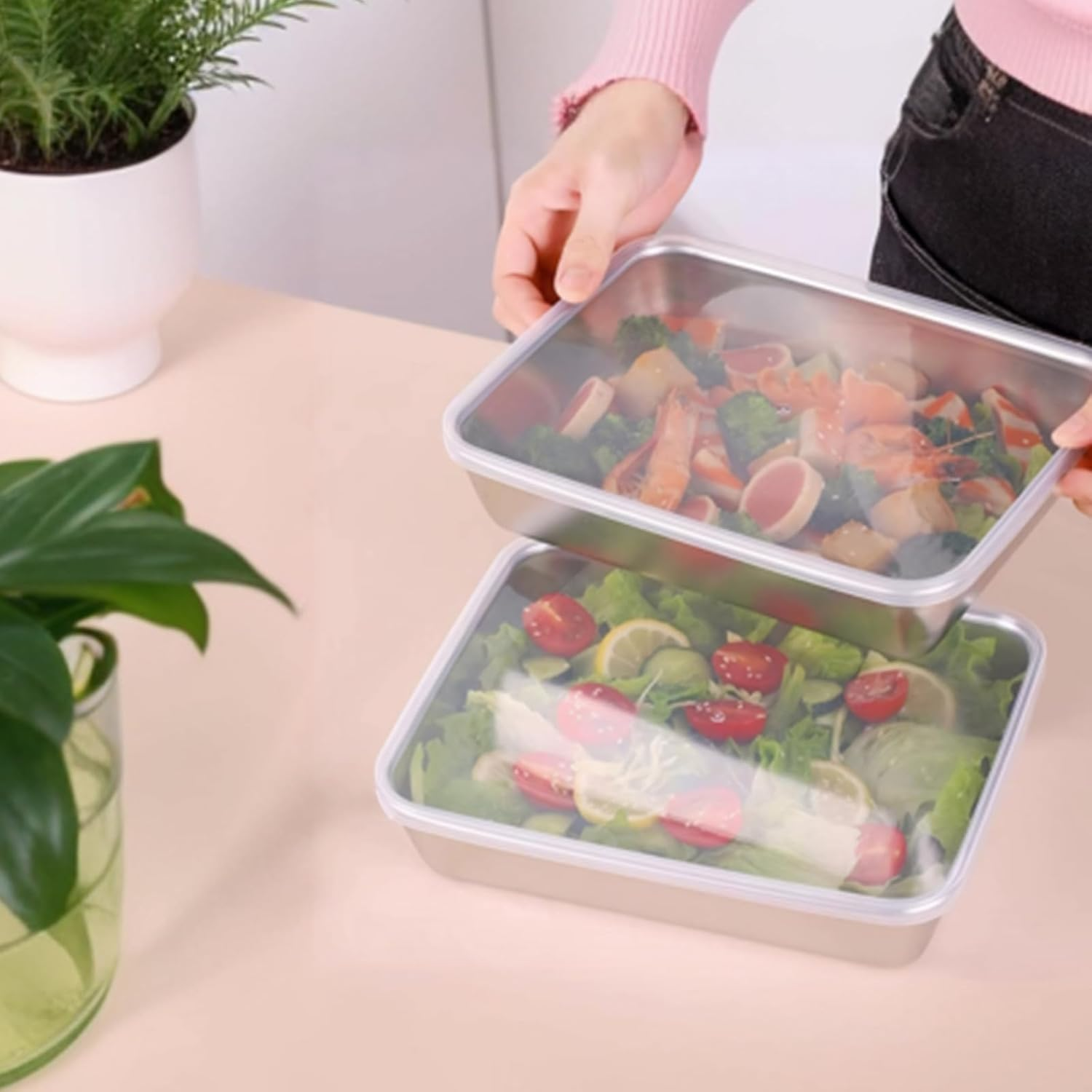 3 Pieces Stainless Steel Crisper Box, Refrigerator Crisper Food Storage Boxs, Food Containers Sets with Plastic Lid, Storage Boxs, Cold Cuts Box Fresh, Refrigerator Organizer image number 6