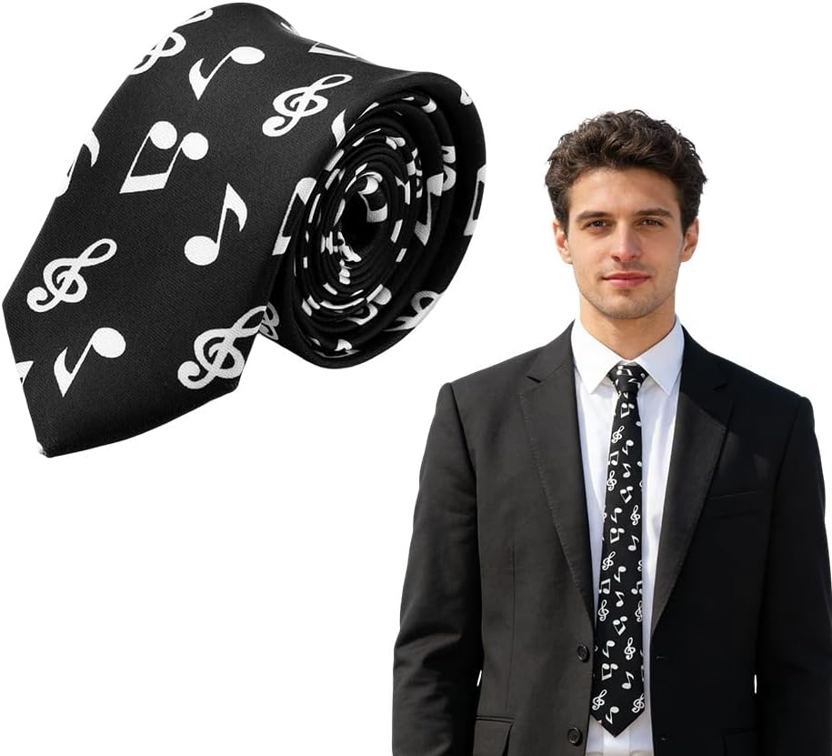 Music Note Necktie for Suit Shirt Accessories Musicians Neckties Music Lovers Birthday Gifts for Men Business Wedding Party Fashion Black Musical Note Neck Ties image number 3