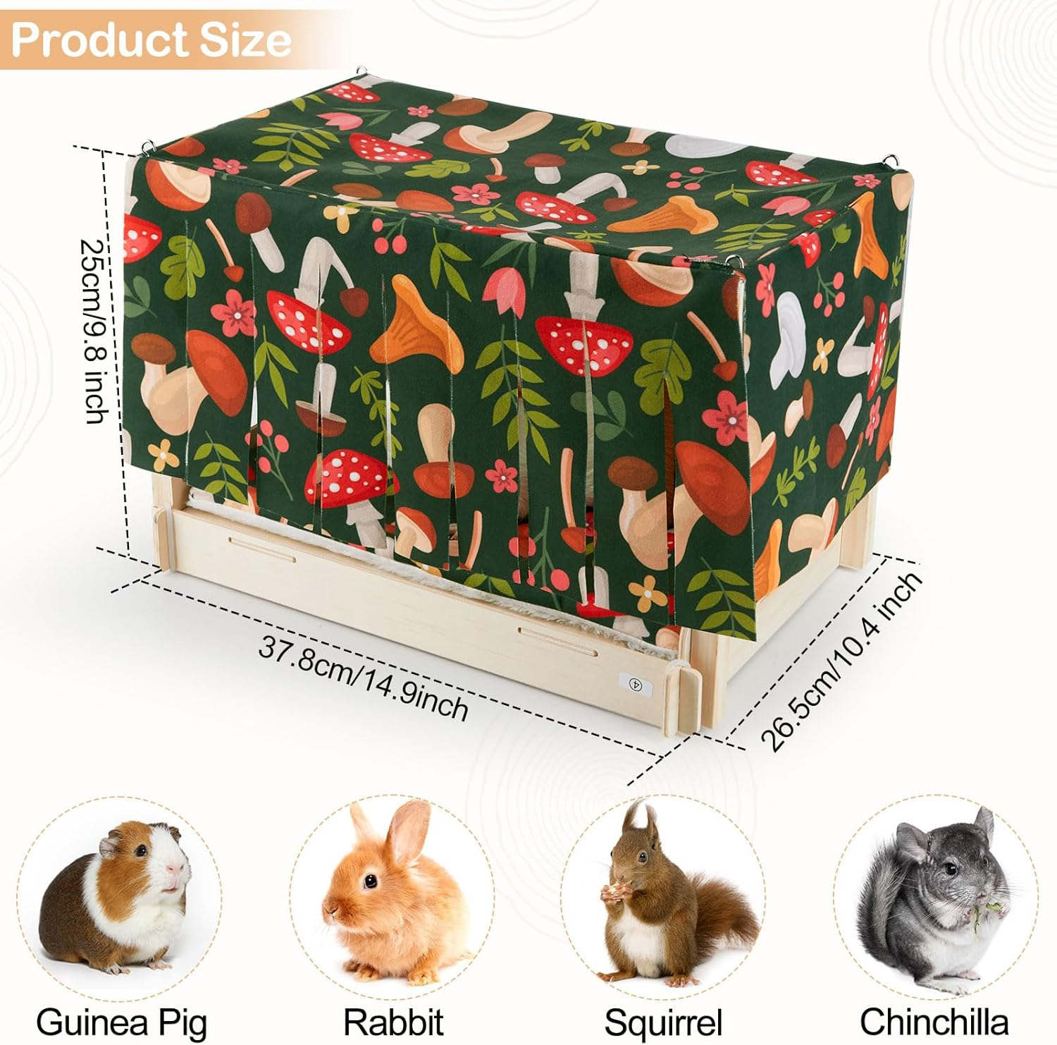 Hedgeink Guinea Pig Bed Wooden Hamster House with Waterproof Mat Rabbit Hideout Small Animal Hide Cage with Door Curtain for Hedgehog Chinchilla Bearded Dragon Ferret Bunny - Mushrooms image number 3
