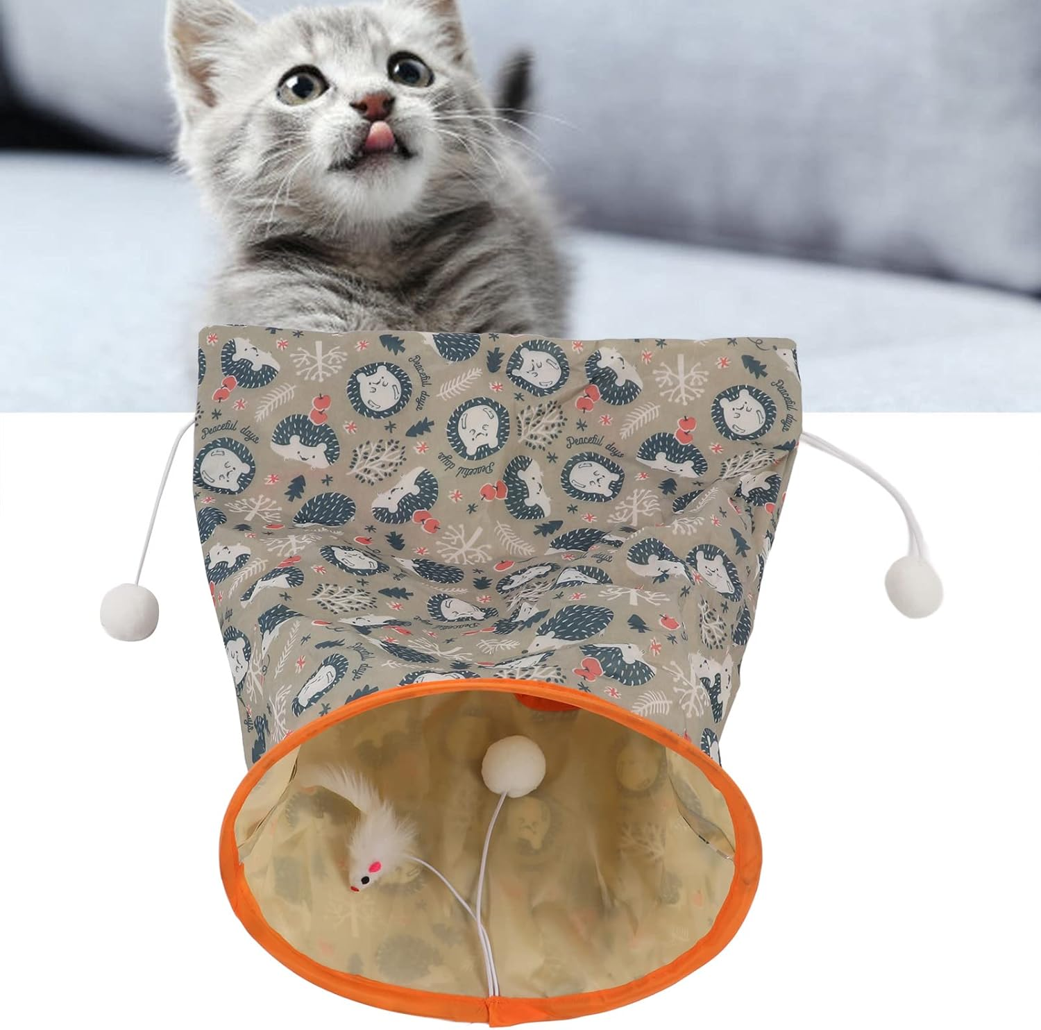 EVTSCAN Cat Tunnel Toy Collapsible 3 Layers Paper Ring Pet Tunnel with Plush Ball and Folding Plush Mouse for Pets(Blue)