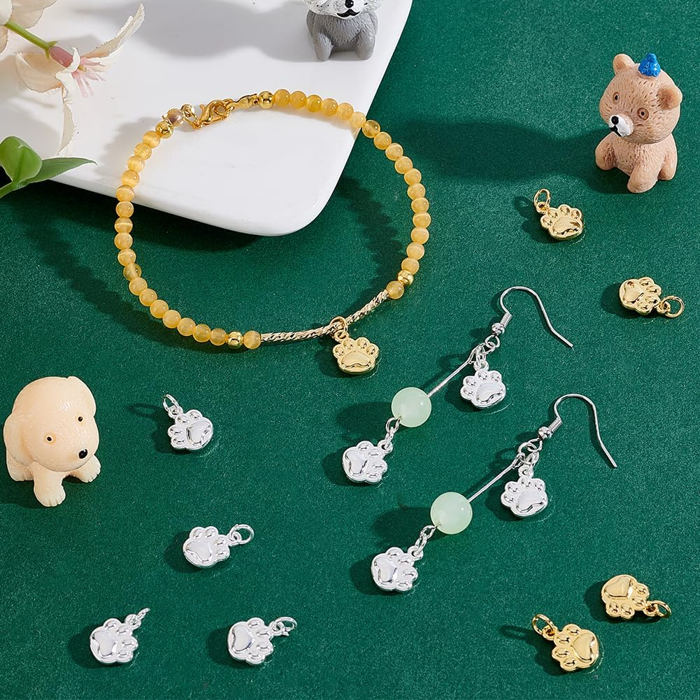 PH Pandahall Pack of 20 2 Coloured Brass Charms Pendants with Dog Paw Print and Jump Ring 18 K Gold-Plated Pendant for Making Jewellery and Necklaces