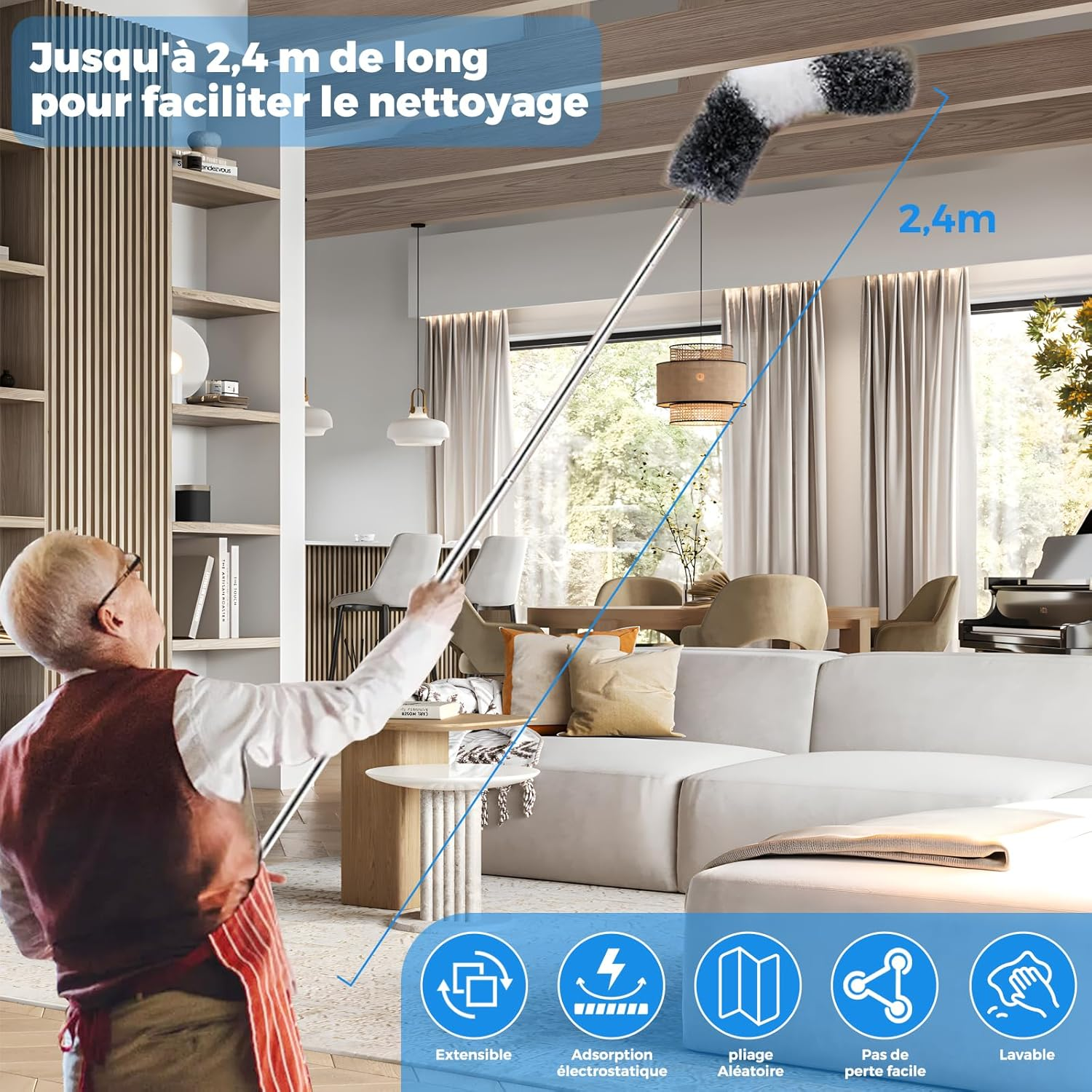 7 Pieces Telescopic Wolf Head Duster, Maximum Length 256 Cm, Washable Microfibre Telescopic Duster for Blankets, Suitable for Blankets, Grey