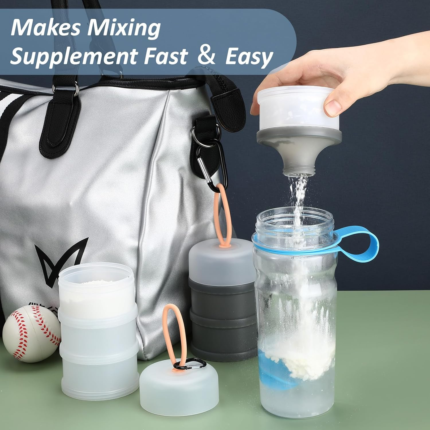 Baderke 2 Pcs Protein Container with Funnels Stand, 4 Stackable Leakproof Dispenser, Portable Keychain Container for Workout, Fitness, Travel (Gray, White) - Blue image number 3