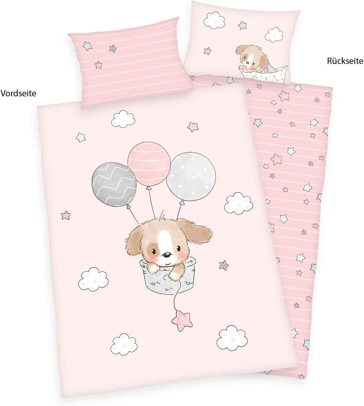 Herding Sweet Puppy Organic Bed Linen Set, GOTS Certified, Reversible Motif, Pillowcase 40 X 60 Cm, Duvet Cover 100 X 135 Cm, Cotton/Renforc&eacute;, Pink/Multicoloured, 100 X 135 Cm image number 4