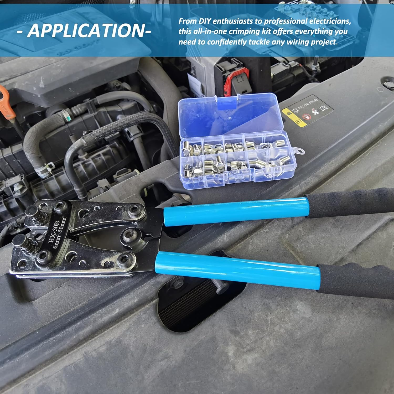 Fullfun Battery Cable Lug Crimping Tool with 60Pcs Copper Wire Lugs for Heavy Duty Wire Lugs, Battery Terminal 6-50Mm&sup2;, Wire Crimper for AWG 10-1/0 Electrical Lug image number 4