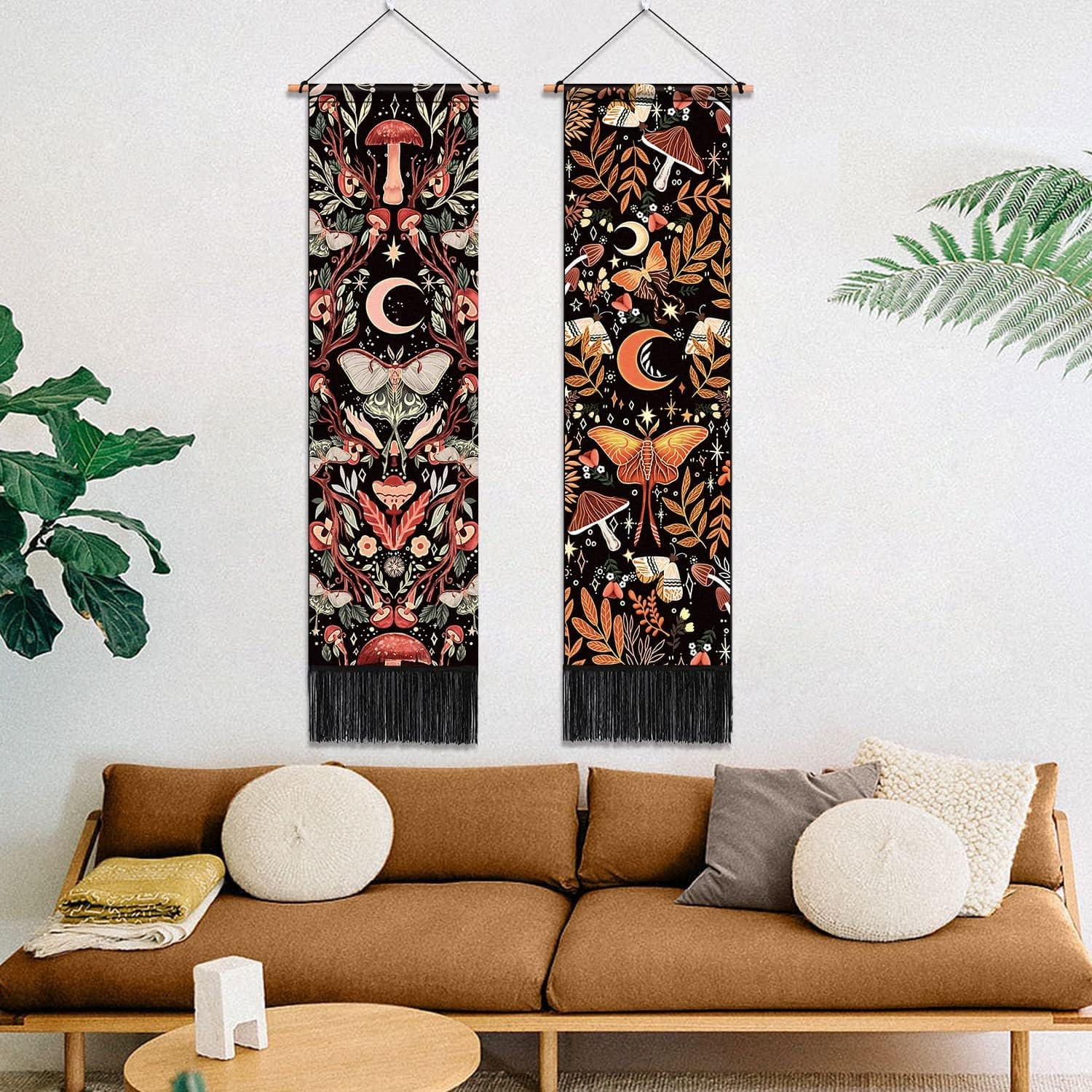 ARTCREATOR Pack of 2 Mushroom Wall Hanging Decor, Hippie Room Botanical Vertical Wall Decor Moon Plant Tapestry Mystical Moth Bohemian for Room(12.8 X 51.2 Inches) Red and Yellow