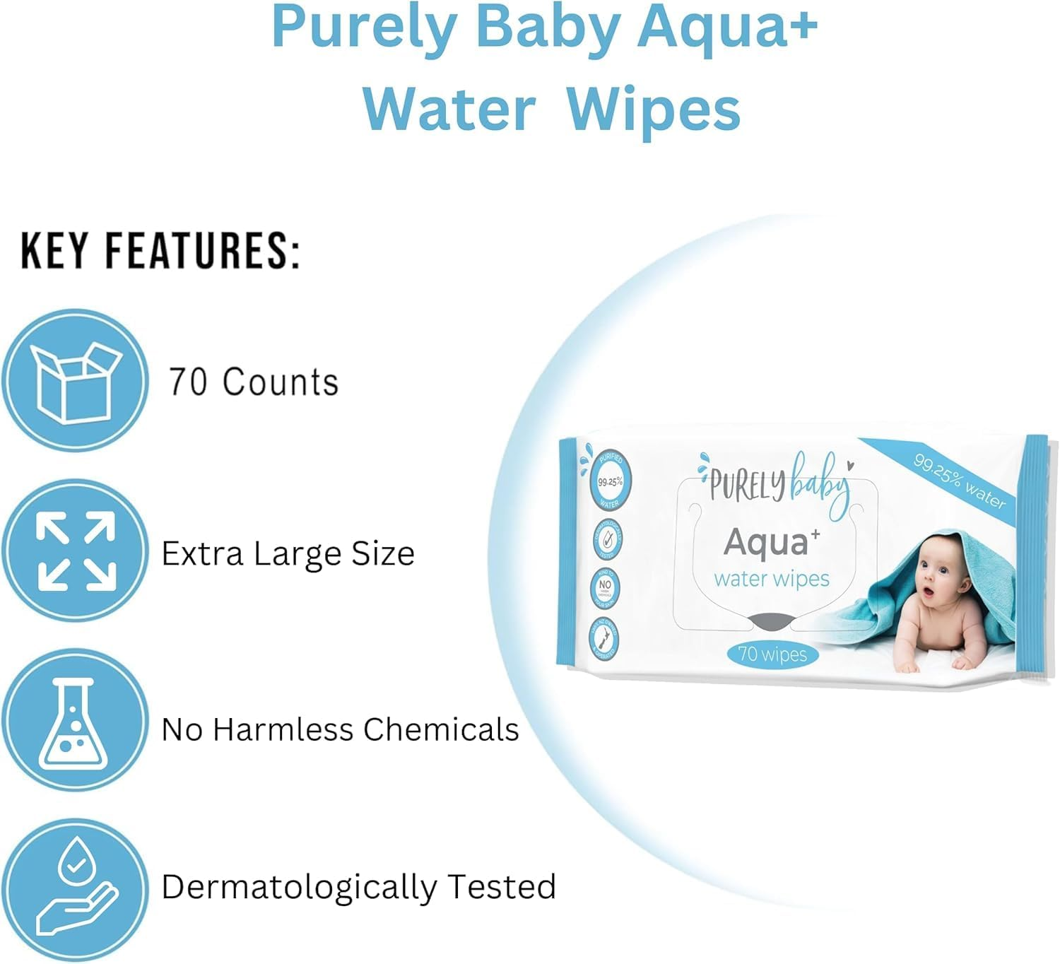 Aqua+ Water Wipe - Fragrance-Free - Dermatologically Tested - Strong & Ultra-Soft Wet Wipe for Newborns &ndash; Extra Large Wipes - Pack of 70 Wipes image number 1