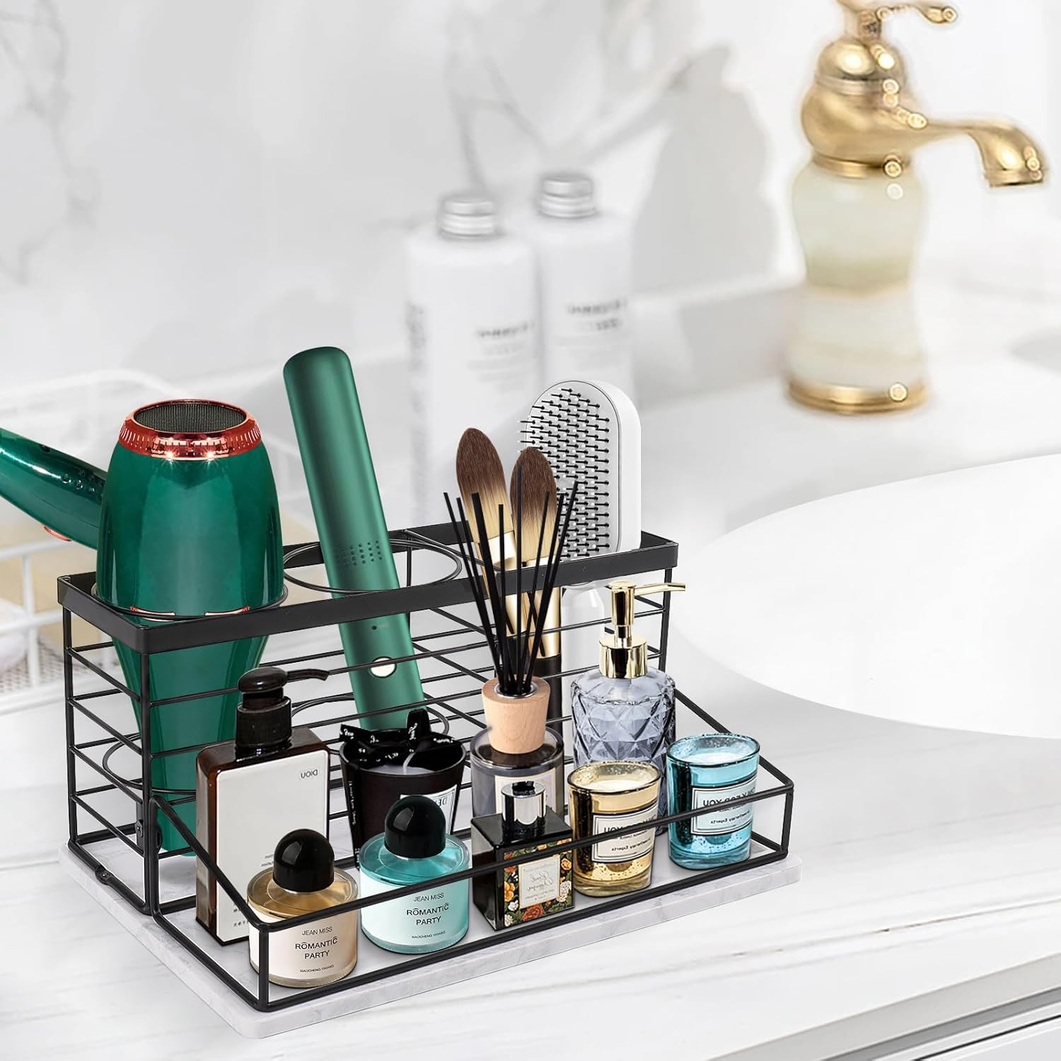 Siyzda Hair Tool Organizer, Movable Hair Dryer Holder, Hair Styling Tools Storage for Vanity, Bath Counter Organizer, Bathroom Trays for Hair Toiletry, Makeup (12" L&times;7.7" W, Marble-Black) image number 6