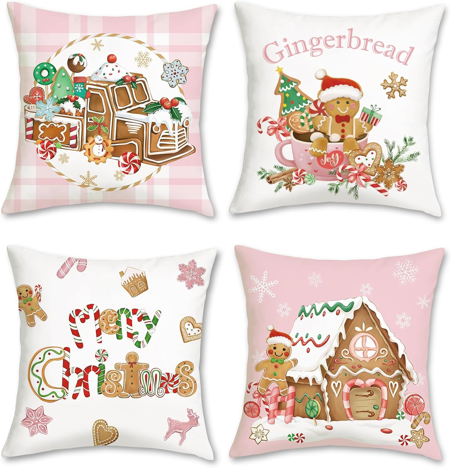 Bonhause Christmas Gingerbread Cushion Covers 45 X 45 Cm Xmas Truck House Hot Cocoa Pink Decorative Throw Pillow Covers for Sofa Bed Home Winter Holiday Decor Set of 4