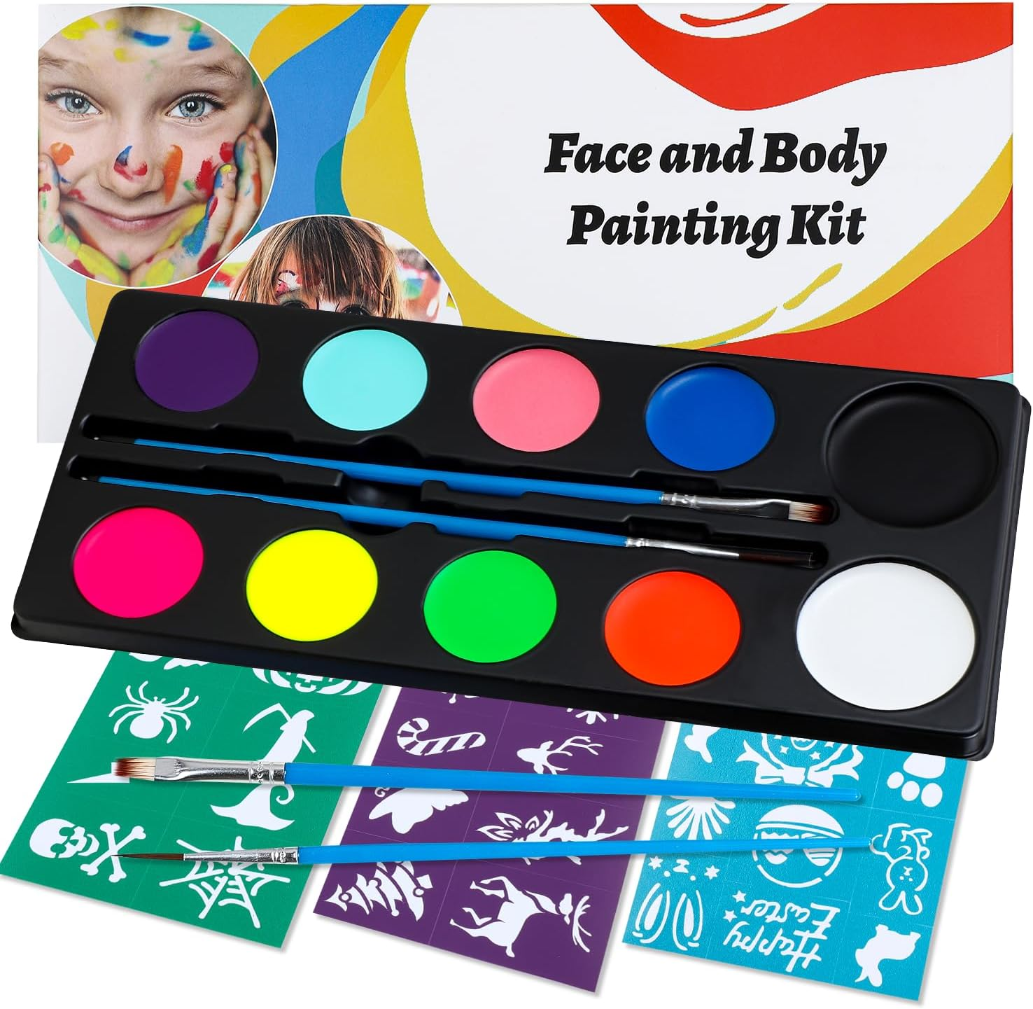 Moomoo Baby Face Body Paints Kits Kids Hypoallergenic Make up Palette-Safe & Non-Toxic, Ideal for Halloween Party Cosplay Face Painting - Easy to Wear and Remove-15 Colors with Two Fine Brush