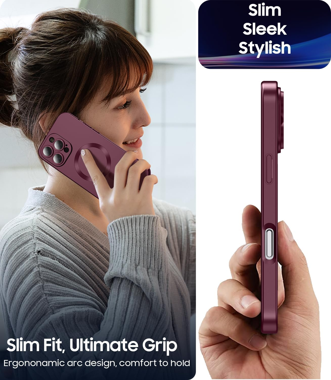 LEKEVO Magnetic for Iphone 16 Pro Max Case [Compatible with Magsafe][Built-In Camera Lens Protector] Slim Soft Silicone Bumper Shockproof Metallic Luster Phone Case (Burgundy) image number 2