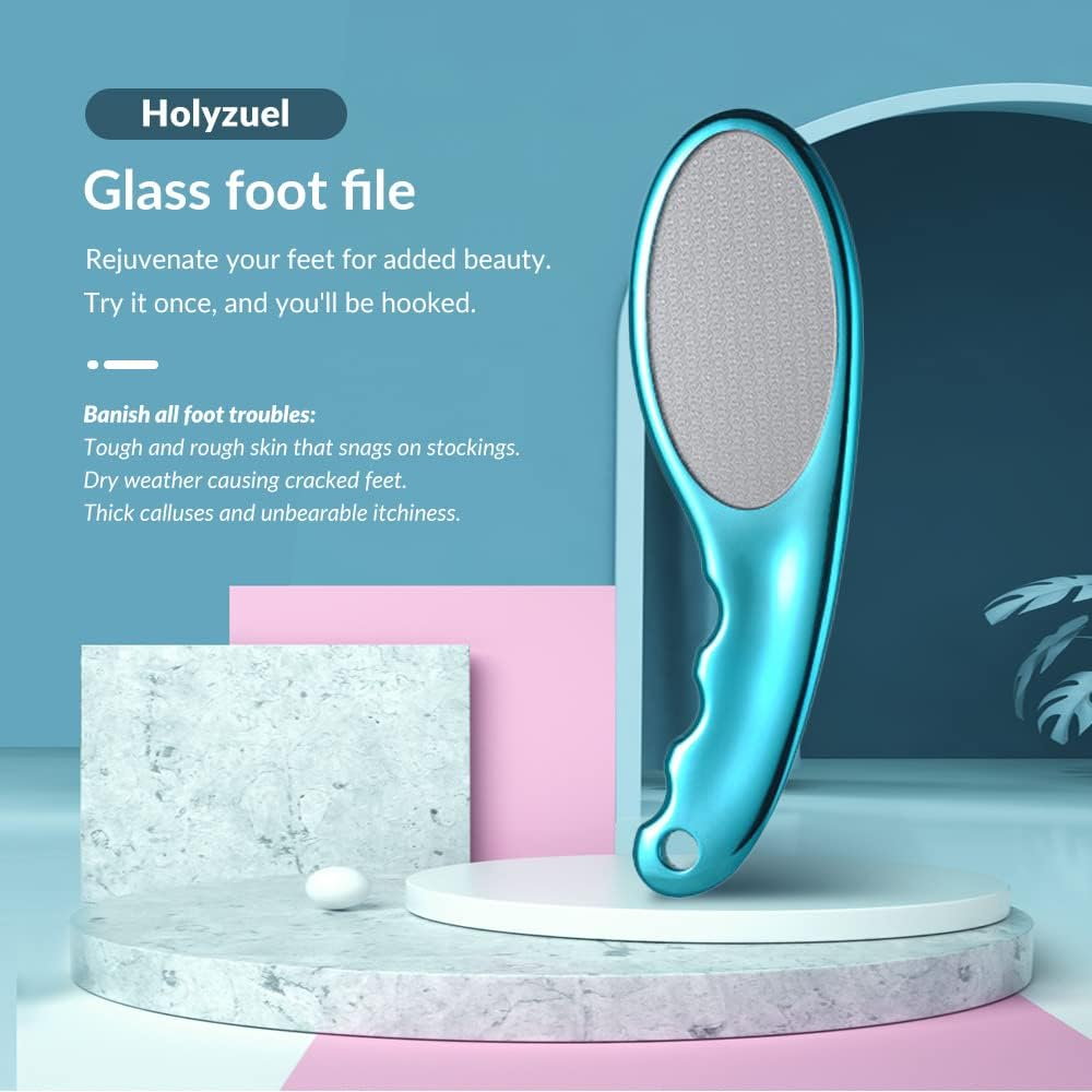 Holyzuel Glass Foot File, Foot Callus Remover with Glass Etching Technology, Portable Handheld Sized Foot Scraper for Cracked Heel for Wet and Dry Feet - Shinning Blue