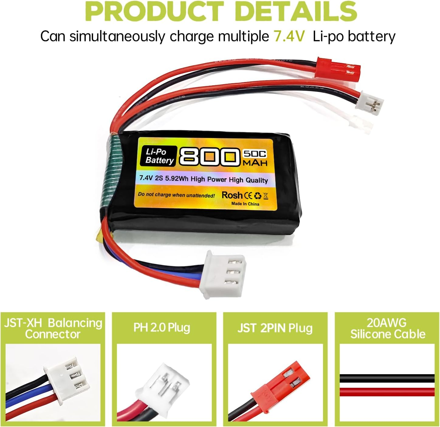 Fytoo 2PCS 7.4V Lipo 2S 50C 800Mah with JST and PH2.0 Plug with 2In1 Charger for SCX24 RC Car Battery, Compatible with Most 1/10, 1/16, 1/18, 1/24 Scale RC Car, Truck and RC Drone Batteries