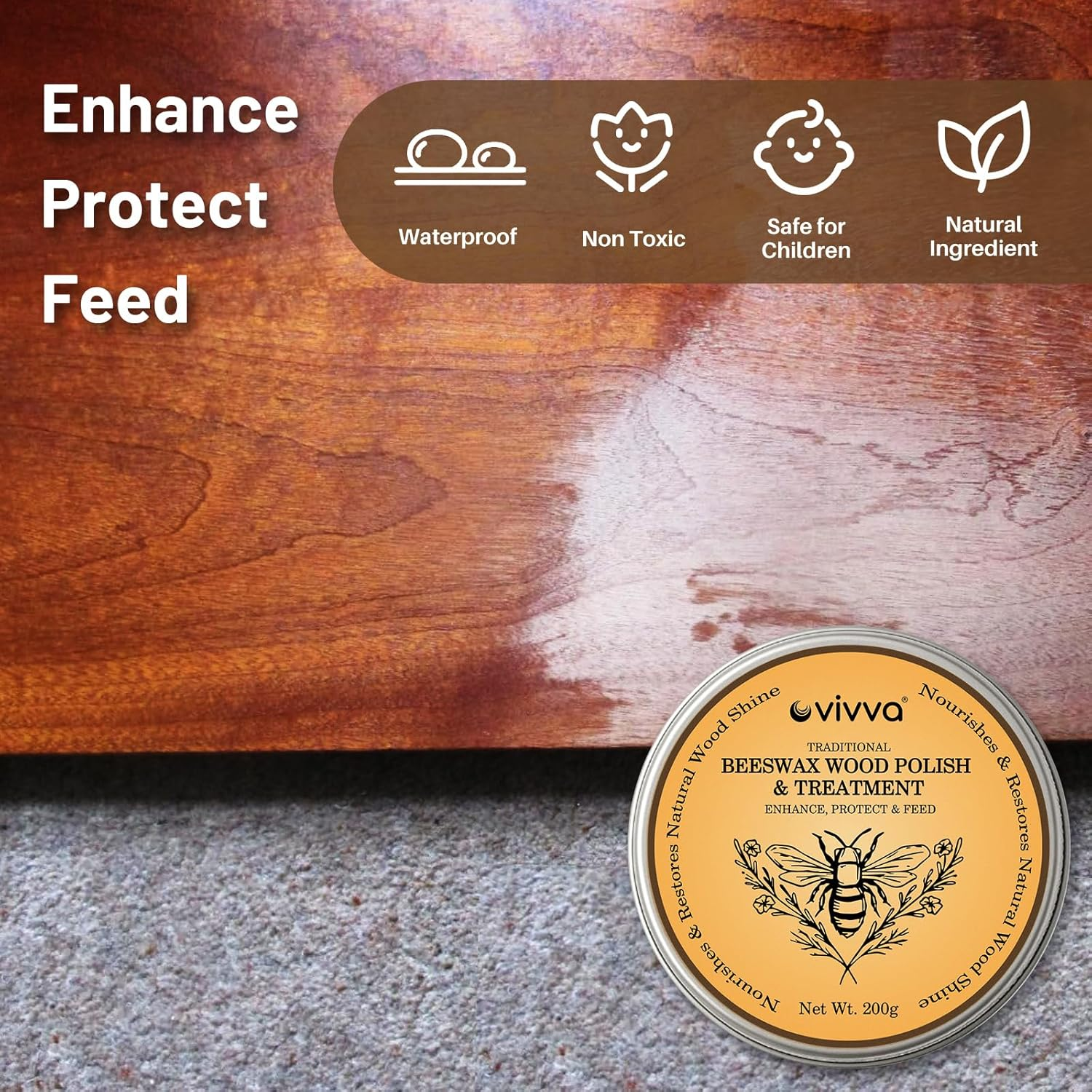 Vivva Australian Made Beeswax Wood Polish & Conditioner 200G with Sponge Food Grade Beeswax Polish Suitable for Wooden Furniture, Chopping Boards, Bamboo & Wooden Surfaces image number 1