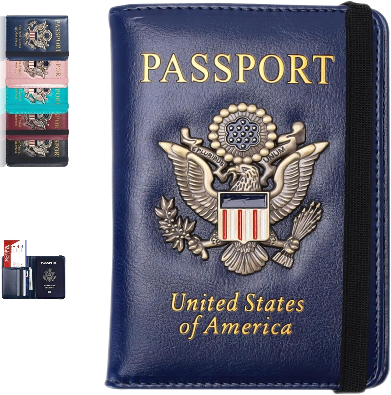 Passport Holder Cover Travel Wallet RFID Blocking Passport Wallets Family Passport Organization Personalized Wallet Case for Men and Women Travel Must Haves, Blue and Black, Passport Holder and Card