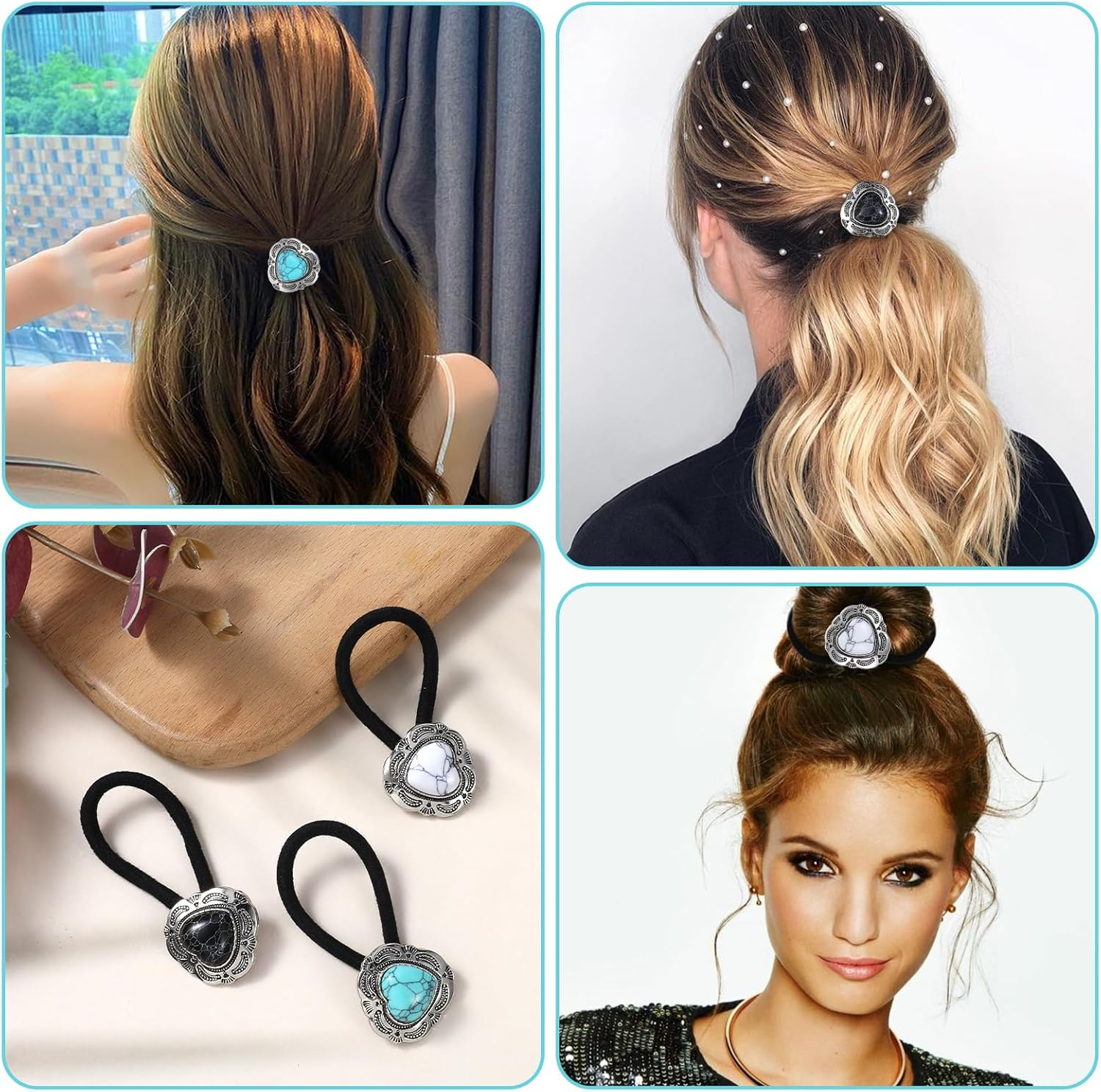 Ouligay 3 Pcs Western Ponytail Holders,Metal Boho Hair Ties with Turquoise,Boho Hair Ties Bracelet Hair Ties No Damage,Vintage Heart Hair Ropes,Silver Hair Bands,Hair Accessories for Women Girl image number 2