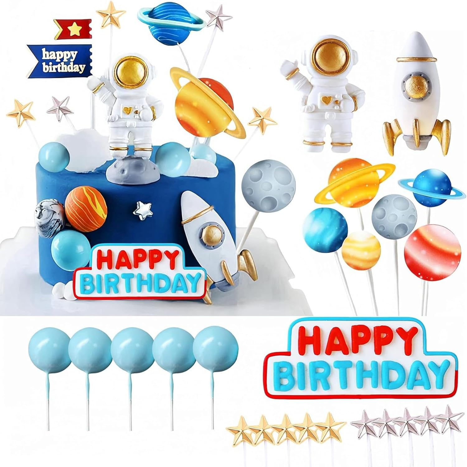 Homiliky Outer Space Cake Topper Set - Astronaut Rocket Stars Cake Decorations for First Birthday, Baby Shower & Space Themed Party Supplies (24Pcs) image number 4