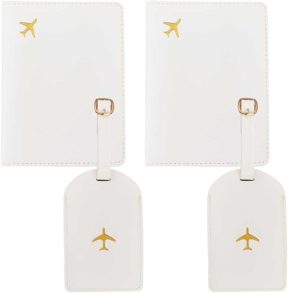 CALFOVERA Set of 2 Mr and Mrs Travel Holder Set Made of PU Leather Honeymoon Card Passport Cases Card Protective Cover Book Case with Luggage Tags Travel ID Labels Black White for Couples Bridal image number 1