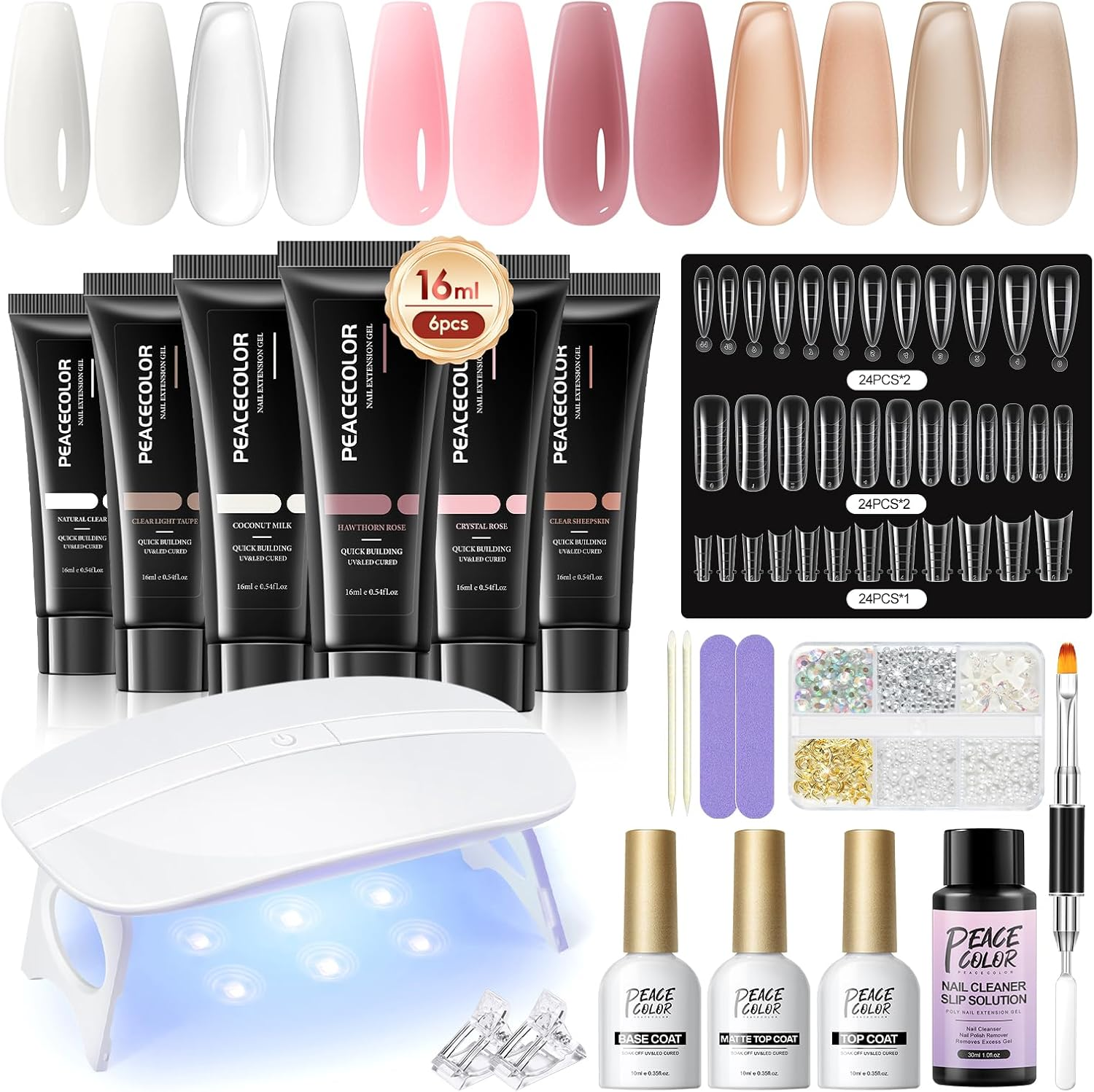 PEACECOLOR 24Pcs Poly Nail Gel Kit with U V Light 6 Colors Clear Pink Nude Poly Extension Gel with Glossy/Matte Top Coat Nail Rhinestones Starter Kit DIY Home Gifts for Women image number 5