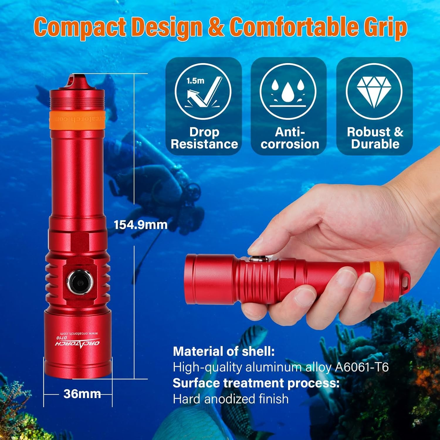 ORCATORCH D710 Scuba Diving Light, 3000 Lumens Super Bright Underwater Flashlight with 6 Degrees Narrow Beam, IP68 Waterproof Night Dive Torch 150 Meters Submersible Light (Red) image number 3