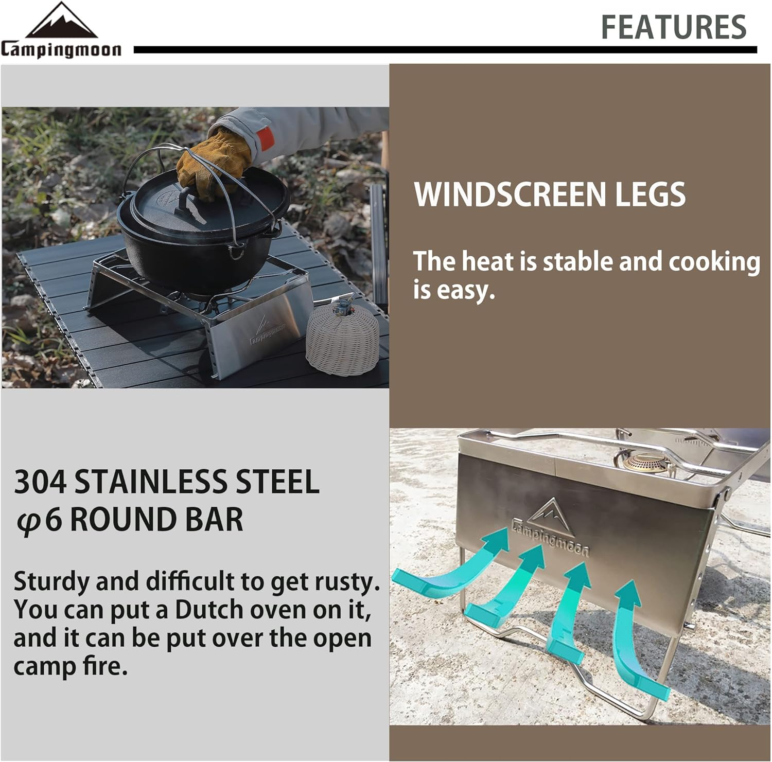 CAMPINGMOON 304 Stainless Steel Portable Open Fire Campfire Grill for Dutch Oven Cooking Ware with Windscreen Legs and Carrying Bag MS-1018 image number 5