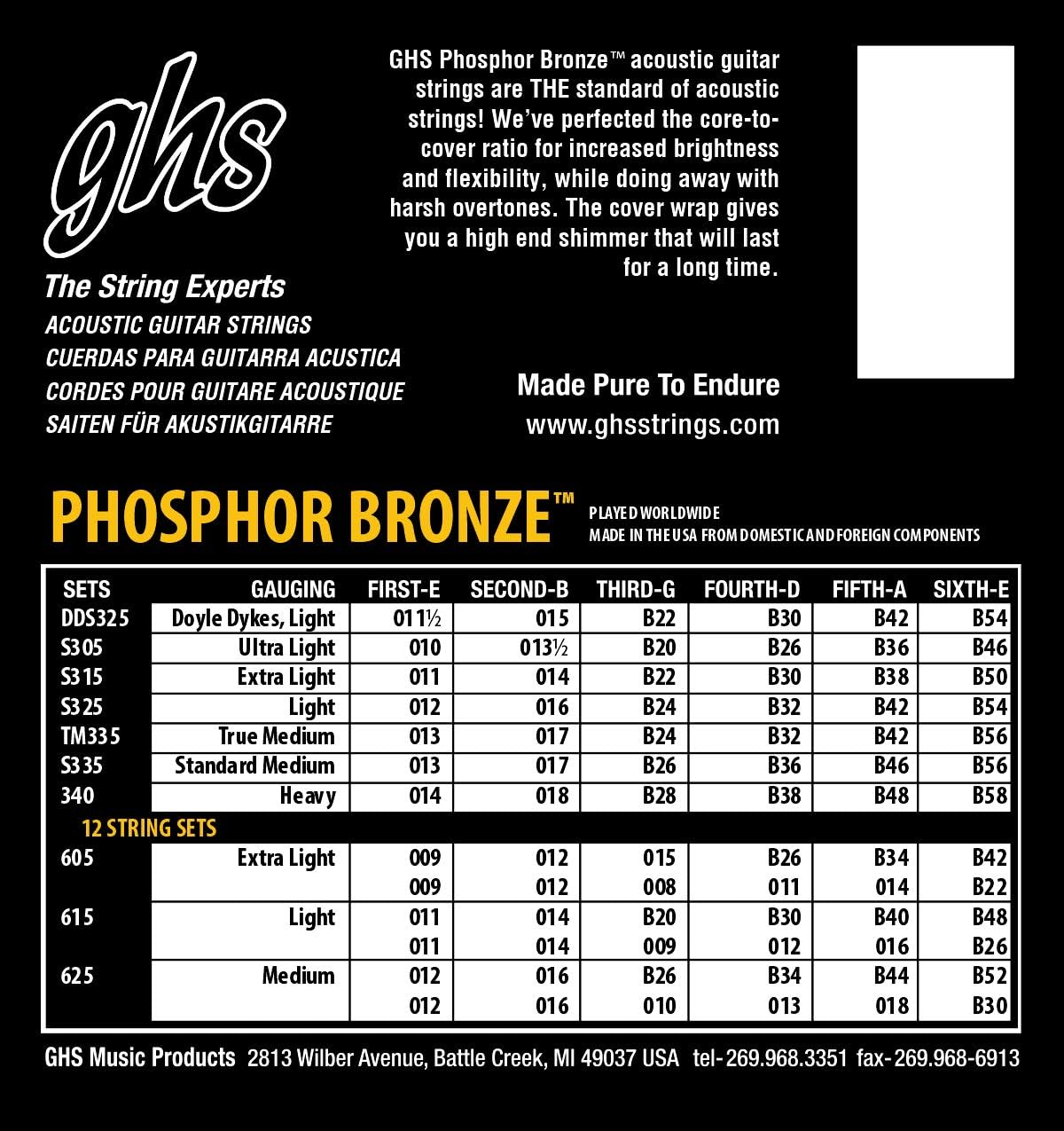 GHS Phosphor Bronze 605 Acoustic Guitar String Set, 12 Strings Extra Light, .009-.042