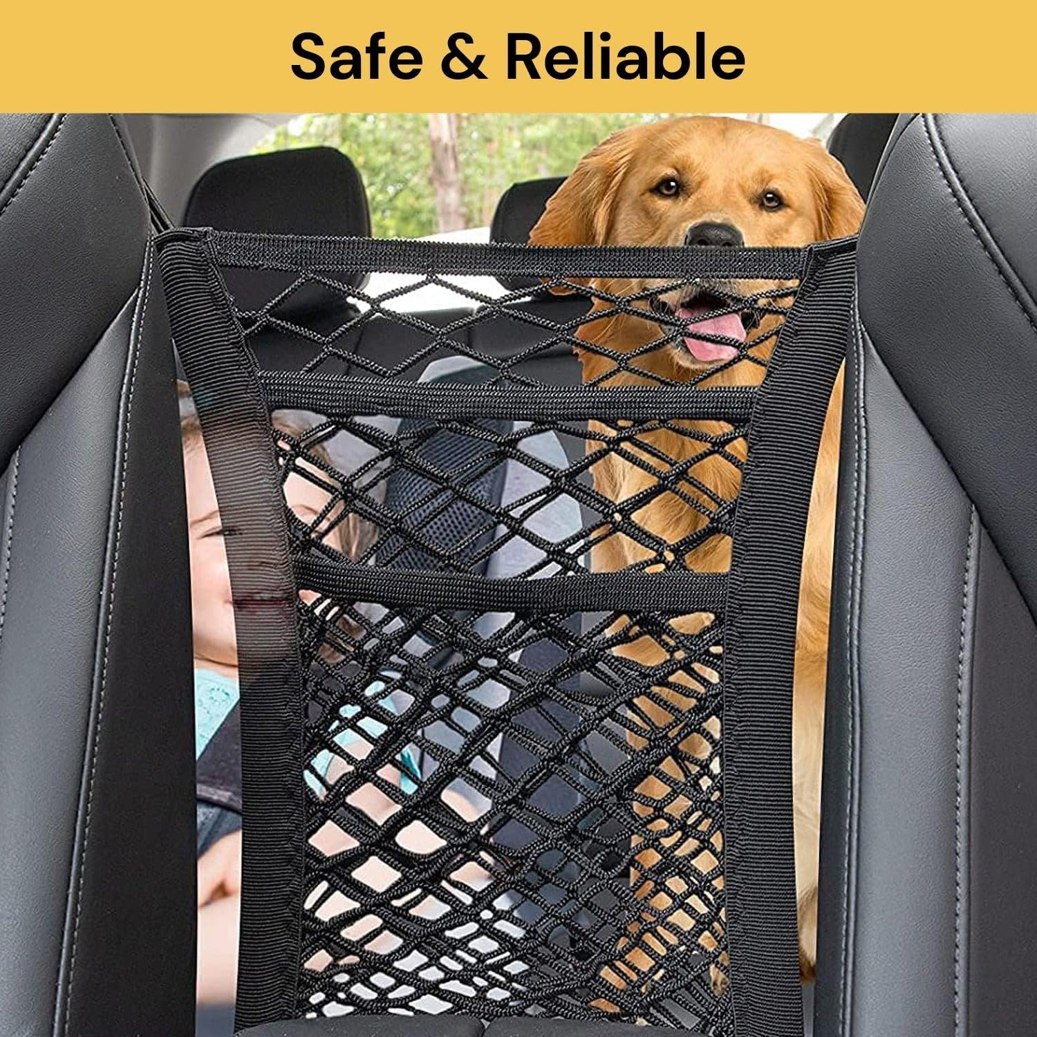 EZONEDEAL 3-Layer Car Mesh Storage Organizer, Seat Back Net Bag, Barrier of Backseat Pet Kids, Mesh Cargo Net Hook Pouch Holder for Tissue Purse Bag Handbag Phone Pets Children Kids Disturb Stopper image number 3