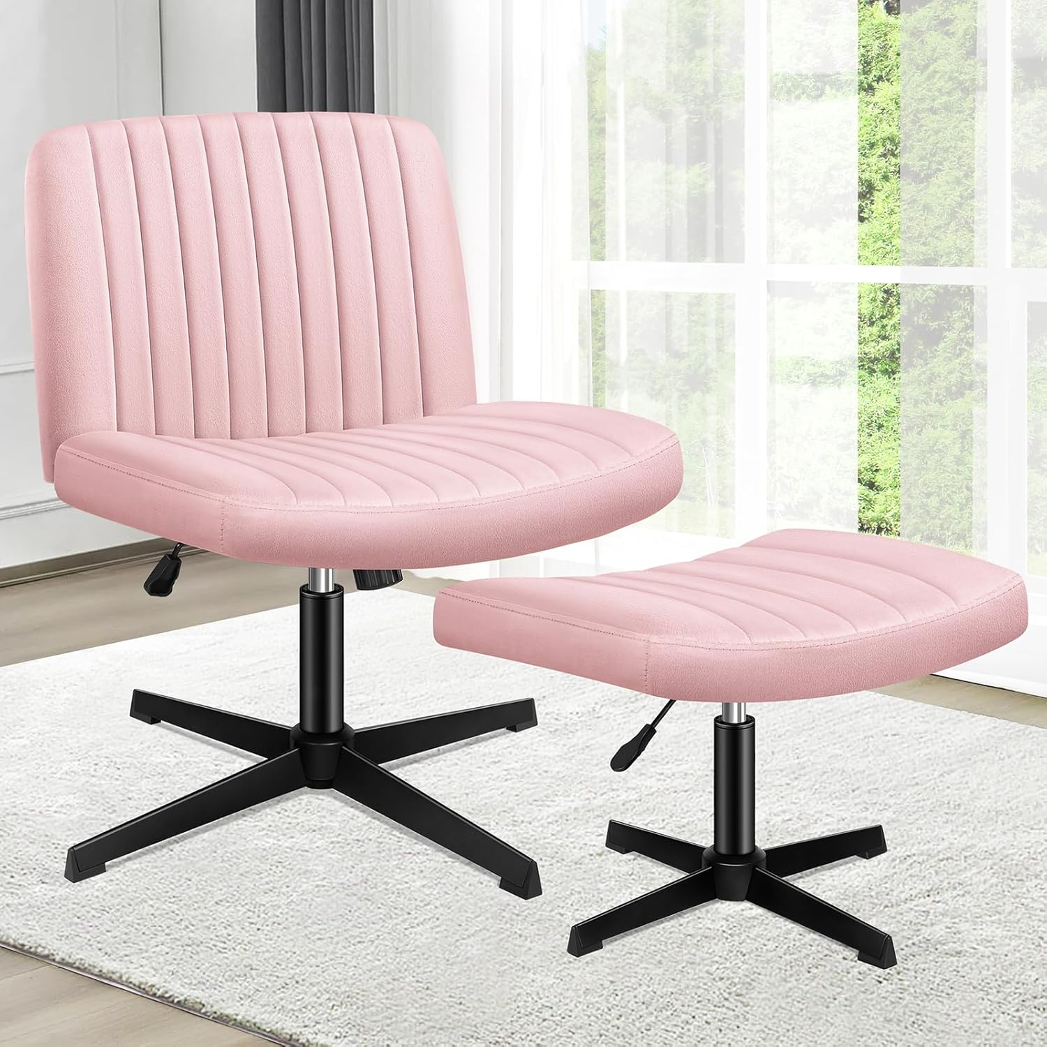ALFORDSON Criss-Cross Desk Chair with Cross Leg Ottoman Stool, Xavi Series, Velvet Upholstery, Ergonomic Armless Office Chair with Channel-Tufted Mid-Back Design, 180Kg Capacity, Pink