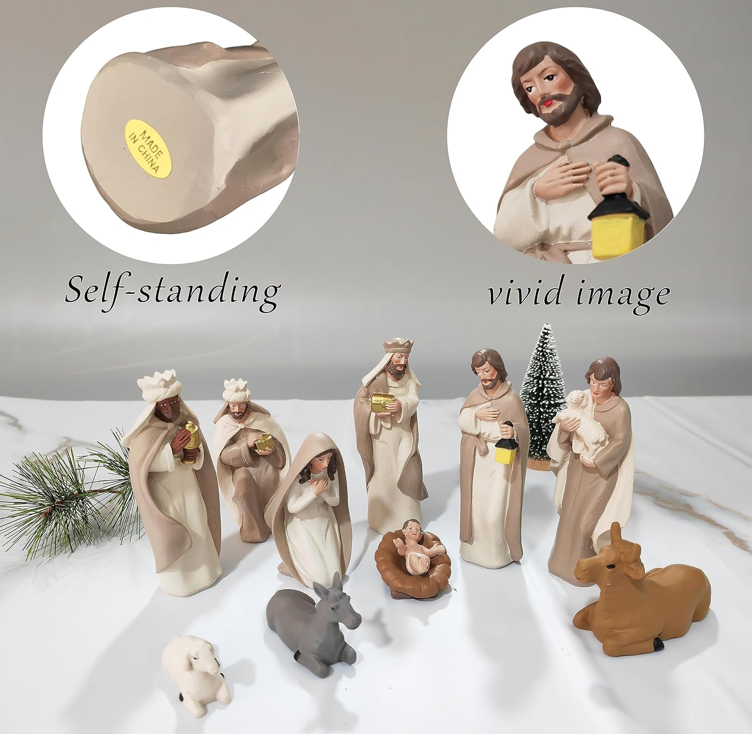 Meritmode Nativity Sets for Christmas Indoor, 10 Pcs Nativity Scene Statues Including Baby Jesus, Mary and Joseph, Suitable for Religious Decor and Interior Home Decor Brown 4.8Inch image number 4