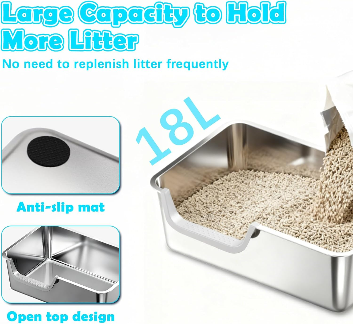 Stainless Steel Litter Box with High Sides,Metal Litter Box with Low Entry for Kittens & Senior Cats,Large Cat Litter Boxes,19.6" L X 13.7" W X 5.9" H,Non-Sticky,Easy to Clean (Middle Entry) - Middle Entry image number 2