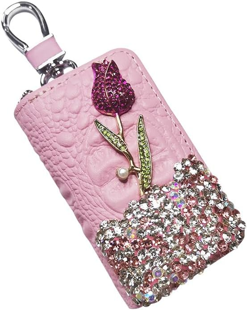 PU Leather Car Key Case Holder Bling Rhinestone Flower Car Key Chain Bag Auto Key Case Car Key Fob Cover Case Zipper Bag. image number 4