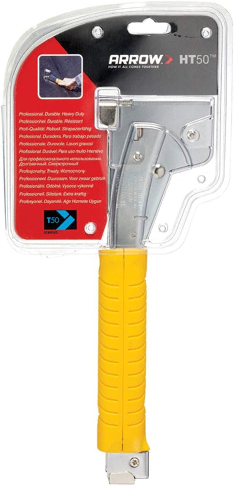 Arrow HT50 Heavy Duty Hammer Tacker, Chromed-Steel Manual Stapler with Sure-Grip Handle, Dual-Capacity Rear-Load Magazine, Fits 5/16&rdquo;, 3/8", or 1/2" Staples