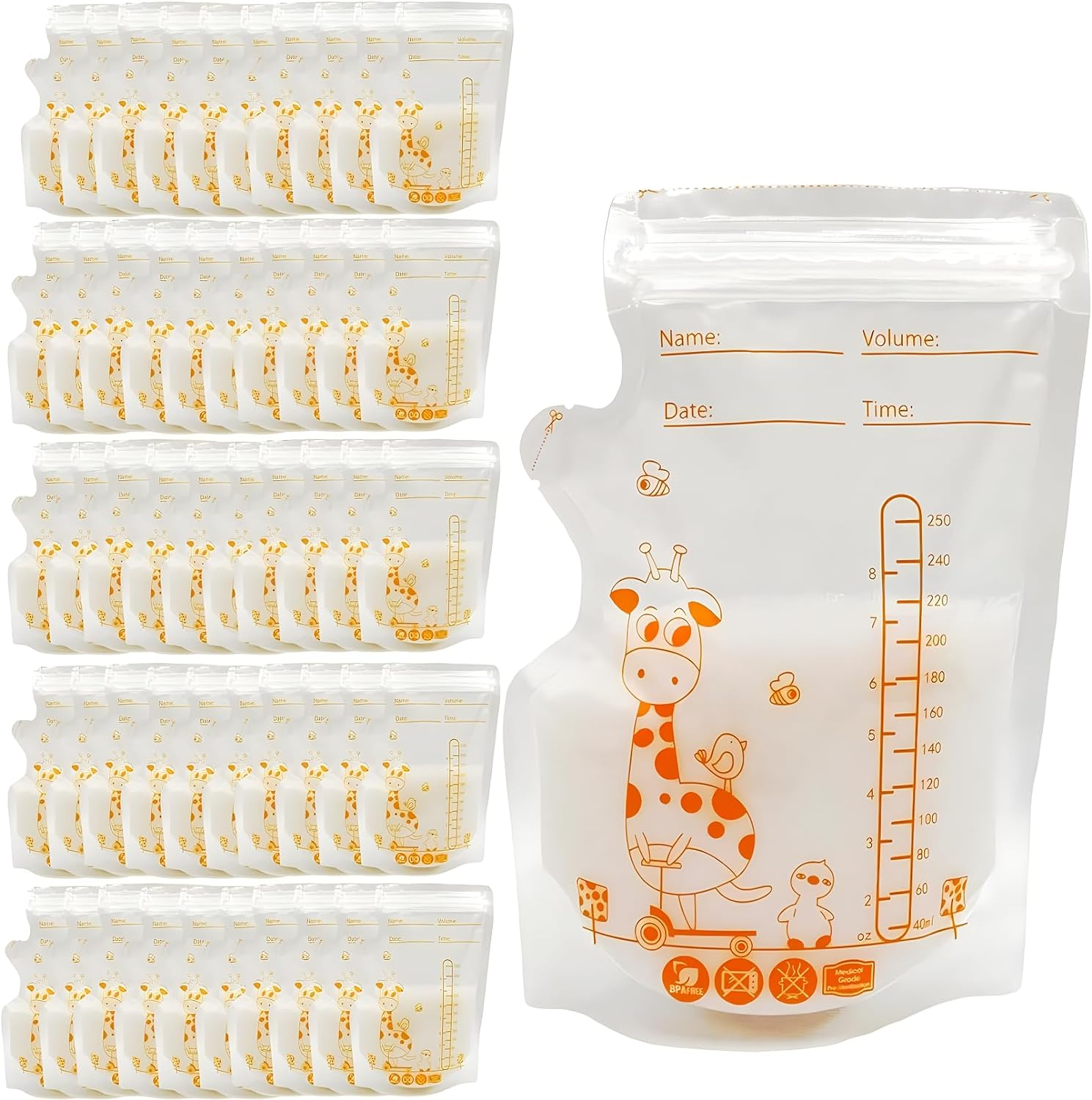 50 Pcs Breast Milk Storage Bag, Breast Milk Storage, 250Ml Disposable Milk Storage Bags, Breast Milk Bags, Milk Storage Bags Breastfeeding, Breastfeeding, No-Leak Milk Freezer Storage Pouches