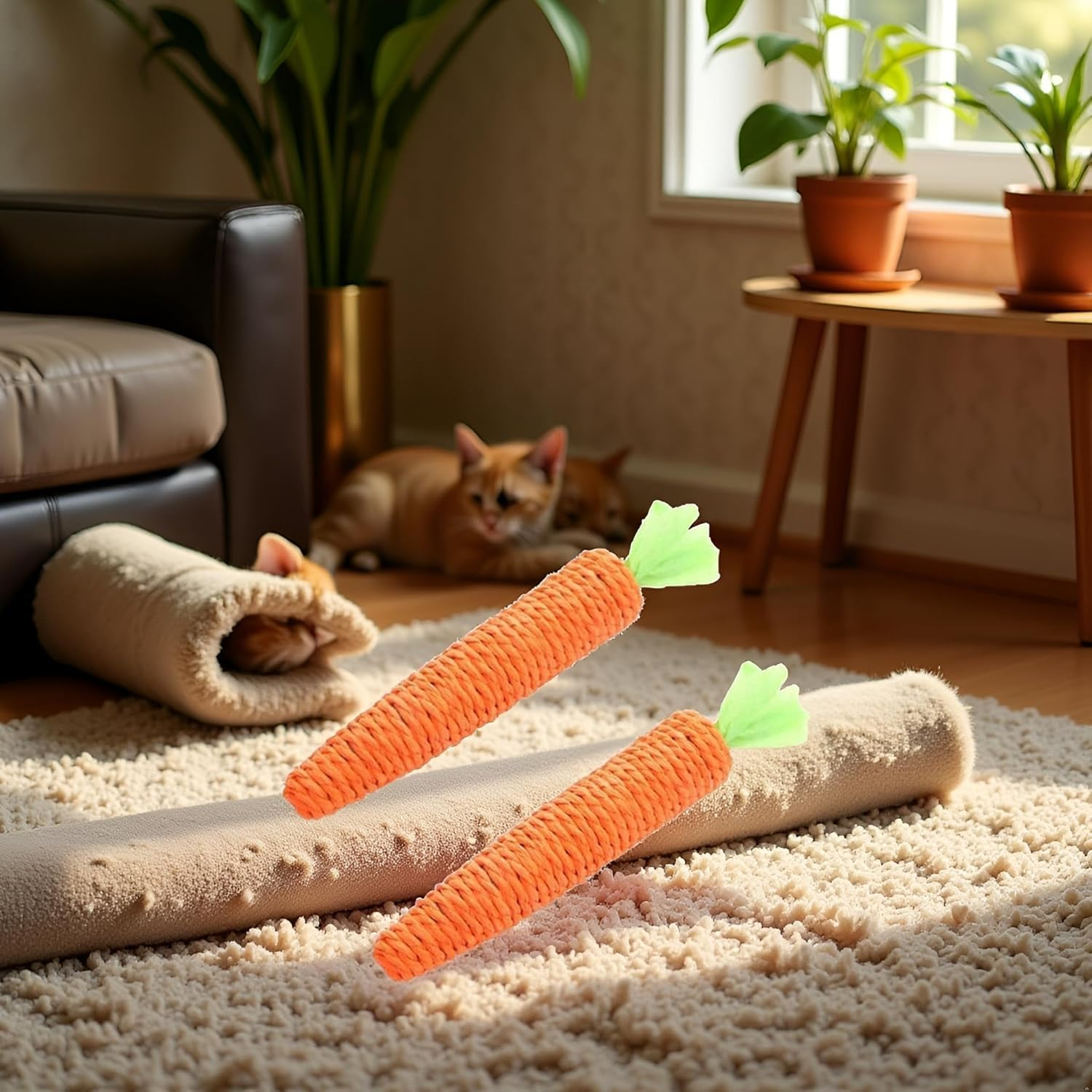 Interactive Sisal Carrot Chew Toy for Cats, Teething Toys for Kittens, Interactive Indoor Toy, Orange, 2 Pieces image number 1