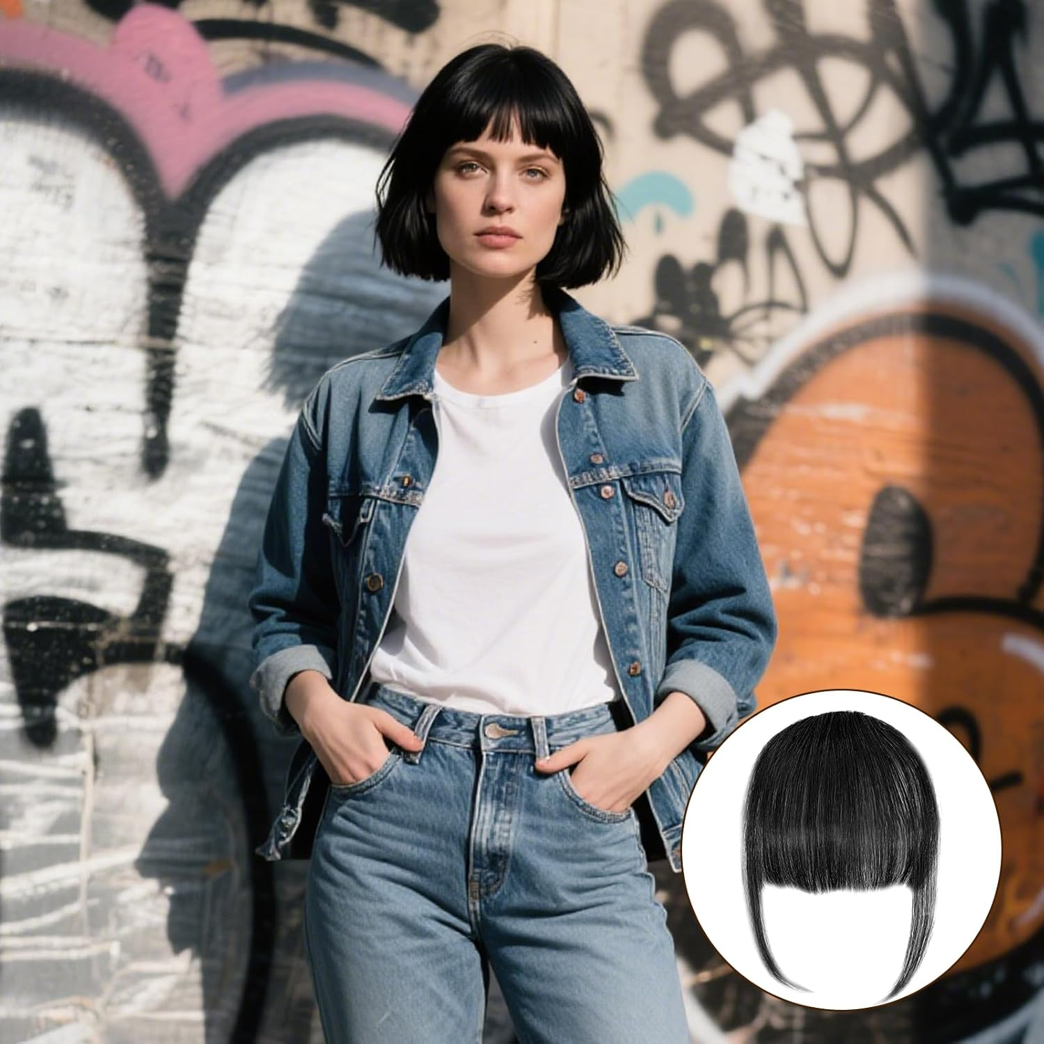 Clip-In Fringe 100% Real Hair Clip in Bangs Hair Extension Fringe with Temples Pony Extension Real Hair for Women (Black) image number 6