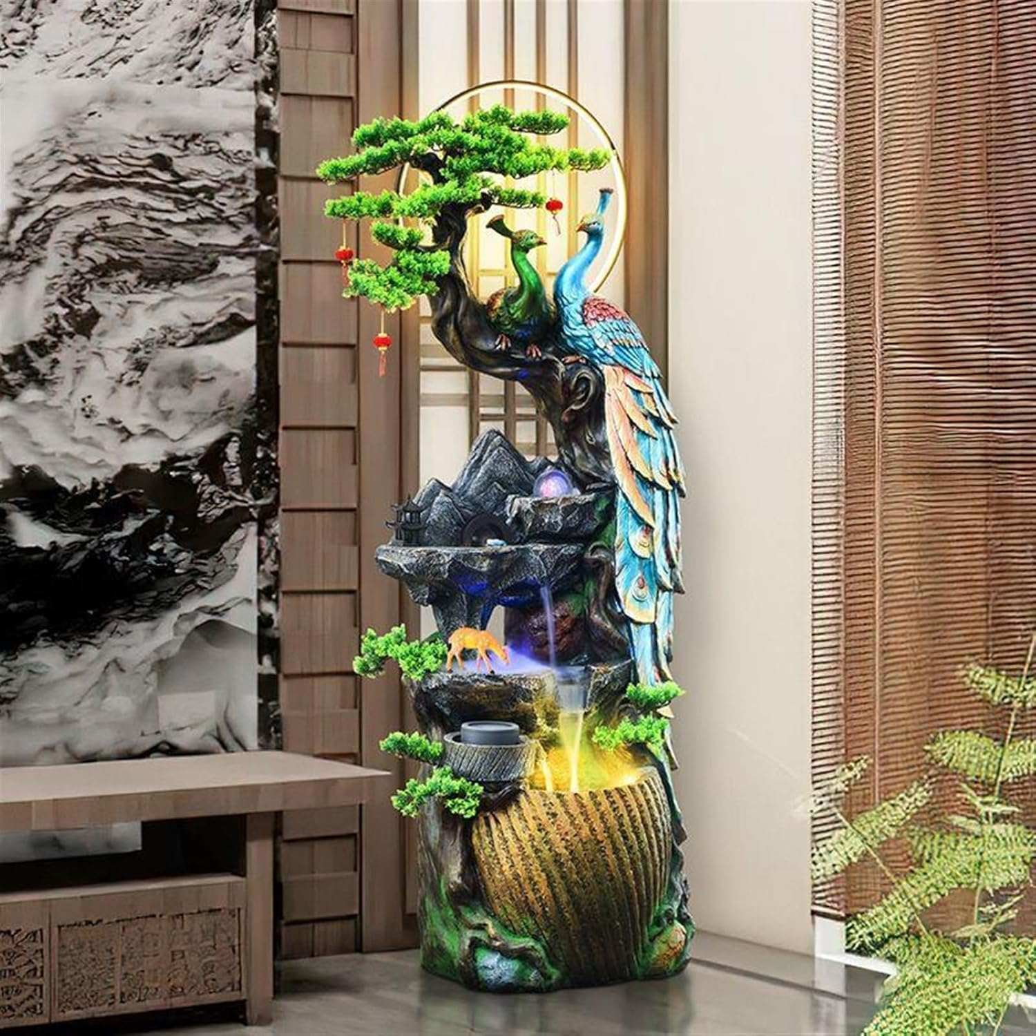 Outdoor Fountain Water Fountain Decor, Peacock with LED Glass Color Changing Globe, for Home/Office, Living Room Decorative Fountains(Medium)