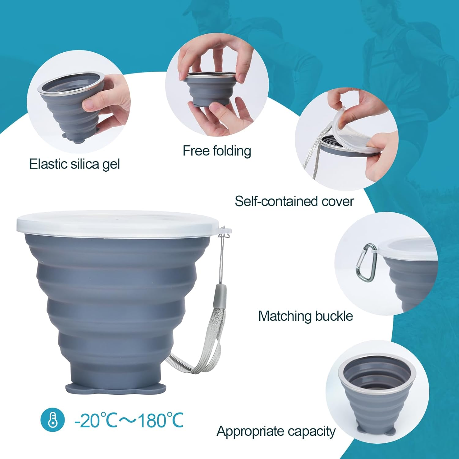 WRENYZK Pack of 2 Foldable Cups with Lid, 250 Ml, Reusable Foldable Cup, Travel Mug, Portable Silicone Cup, Outdoor Camping Folding Cup for Travel, Sports, Picnic, Hiking (Blue, Grey) image number 5