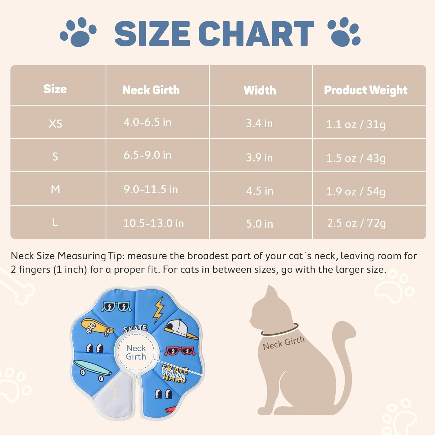 Avont Soft Cat Recovery Cone Collar, Adjustable Cat Elizabethan Collar for Cats and Small Dogs, Comfortable Cone to Stop Licking after Surgery, Lightweight Twill Fabric E-Collar -Skate(M) image number 6