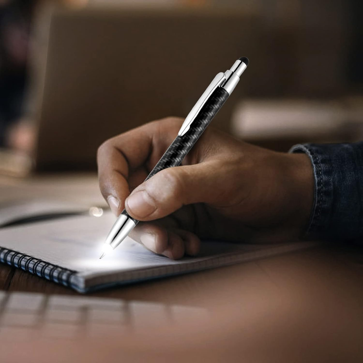 Lighted Tip Pen with Stylus 3-In-1 - LED Penlight Ballpoint Pen with Light for Writing in the Dark - Pack of 3 - White Light - GL006 - White image number 4