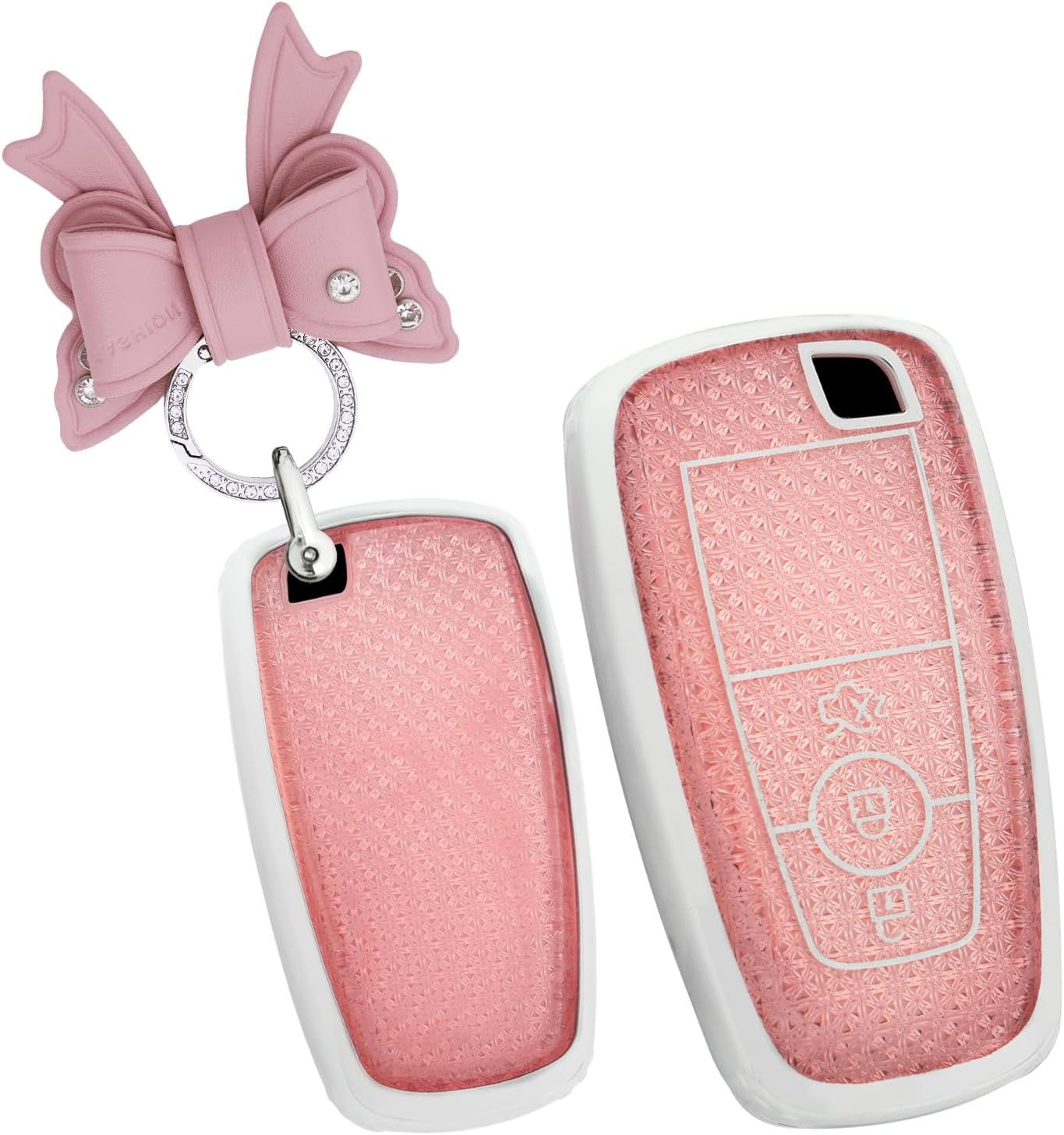 Ontto TPU Car Key Fob Cover Fit for Ford Ranger Everest Transit Custom Kuga Mustang Ecosport Bronco Edge Fusion Key Case Holder Keychain Shell Keyring Bag Bling Protector Accessories Pink 2