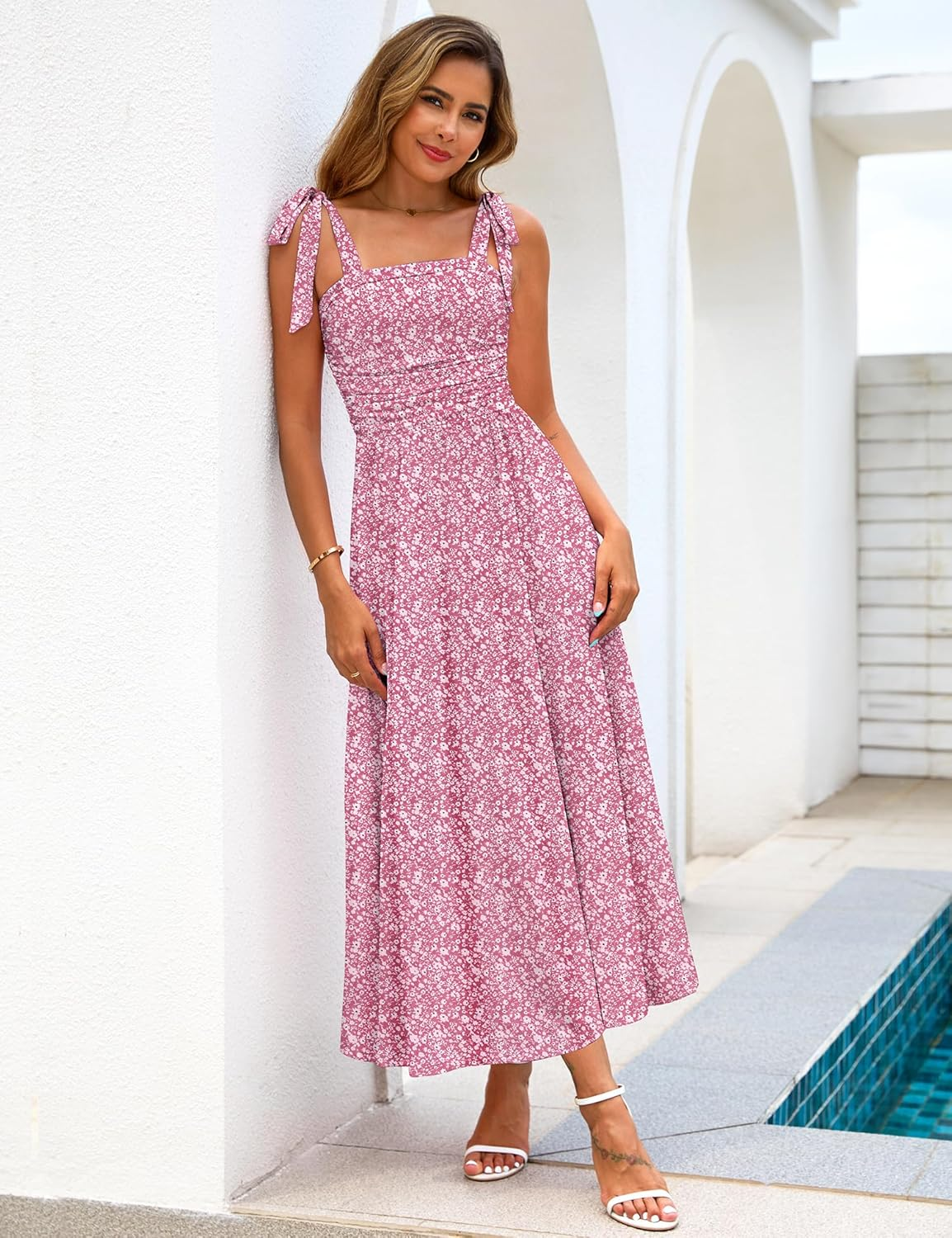 Zattcas Womens 2025 Summer Spaghetti Strap Floral Maxi Dress with Pockets Smocked Flowy Long Beach Vacation Sundresses