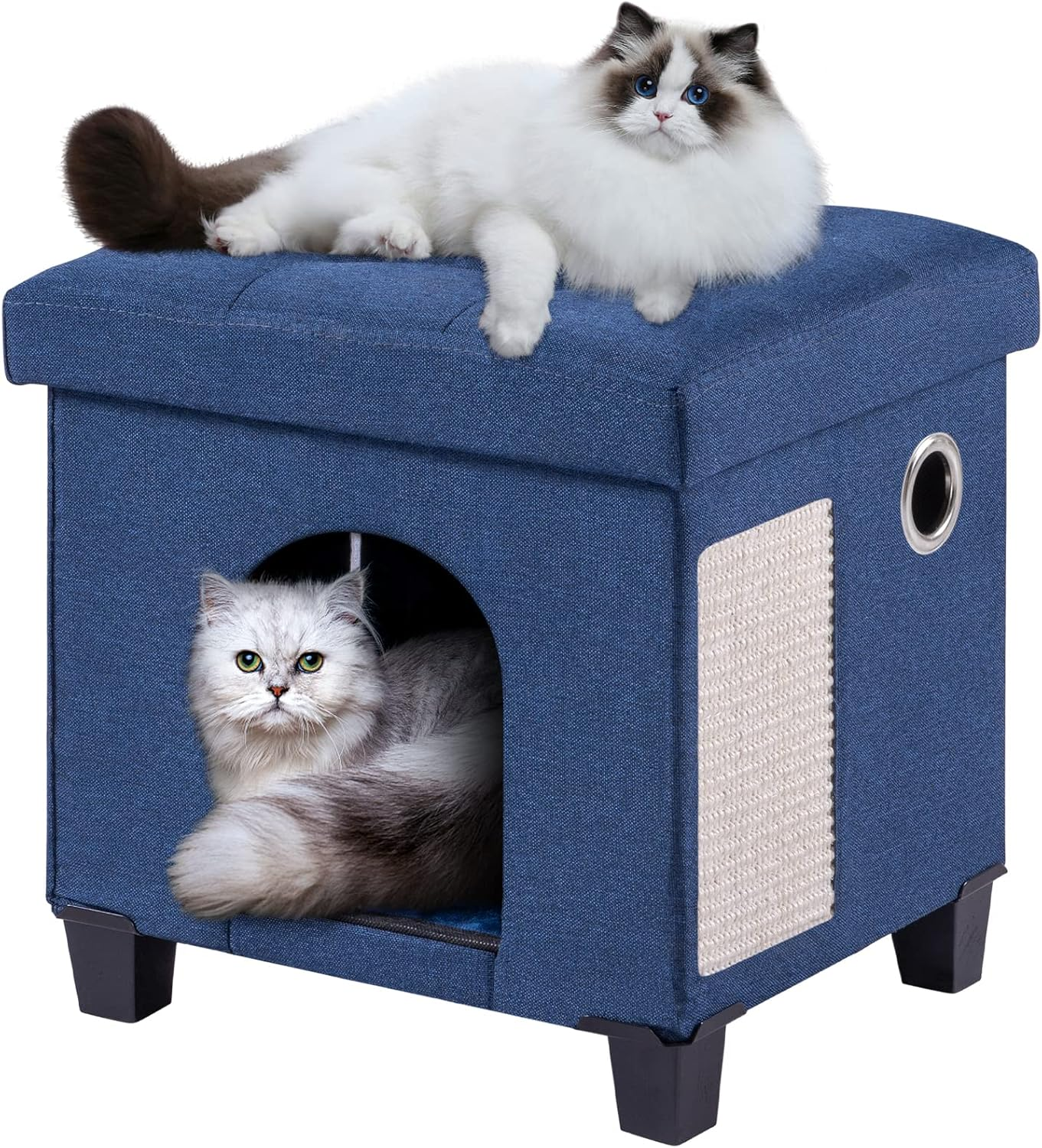 BRIAN & DANY Collapsible Cat Cave for Indoor Cats, Multifunctional Cube Cat House with Cat Scratch Board & Ball, 37X 31.8 X 36 Cm, Blue image number 2